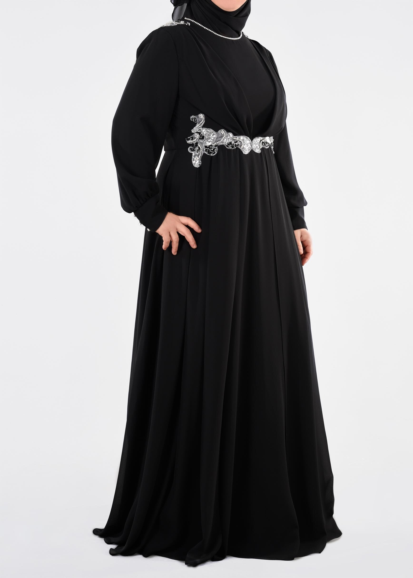 Tesettür giyim SİYAH TAŞ DETAYLI ŞİFON ABİYE ELBİSE 5350
