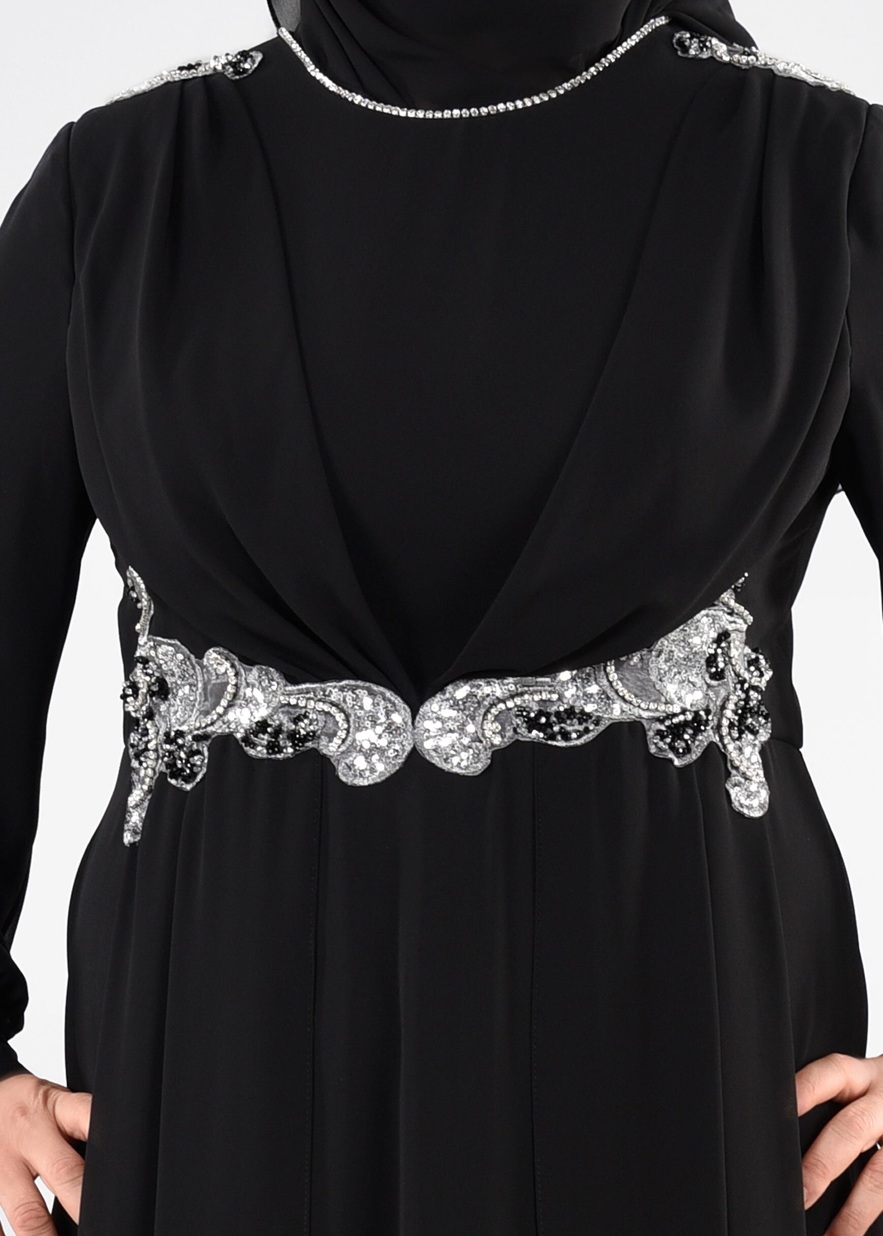 Tesettür giyim SİYAH TAŞ DETAYLI ŞİFON ABİYE ELBİSE 5350