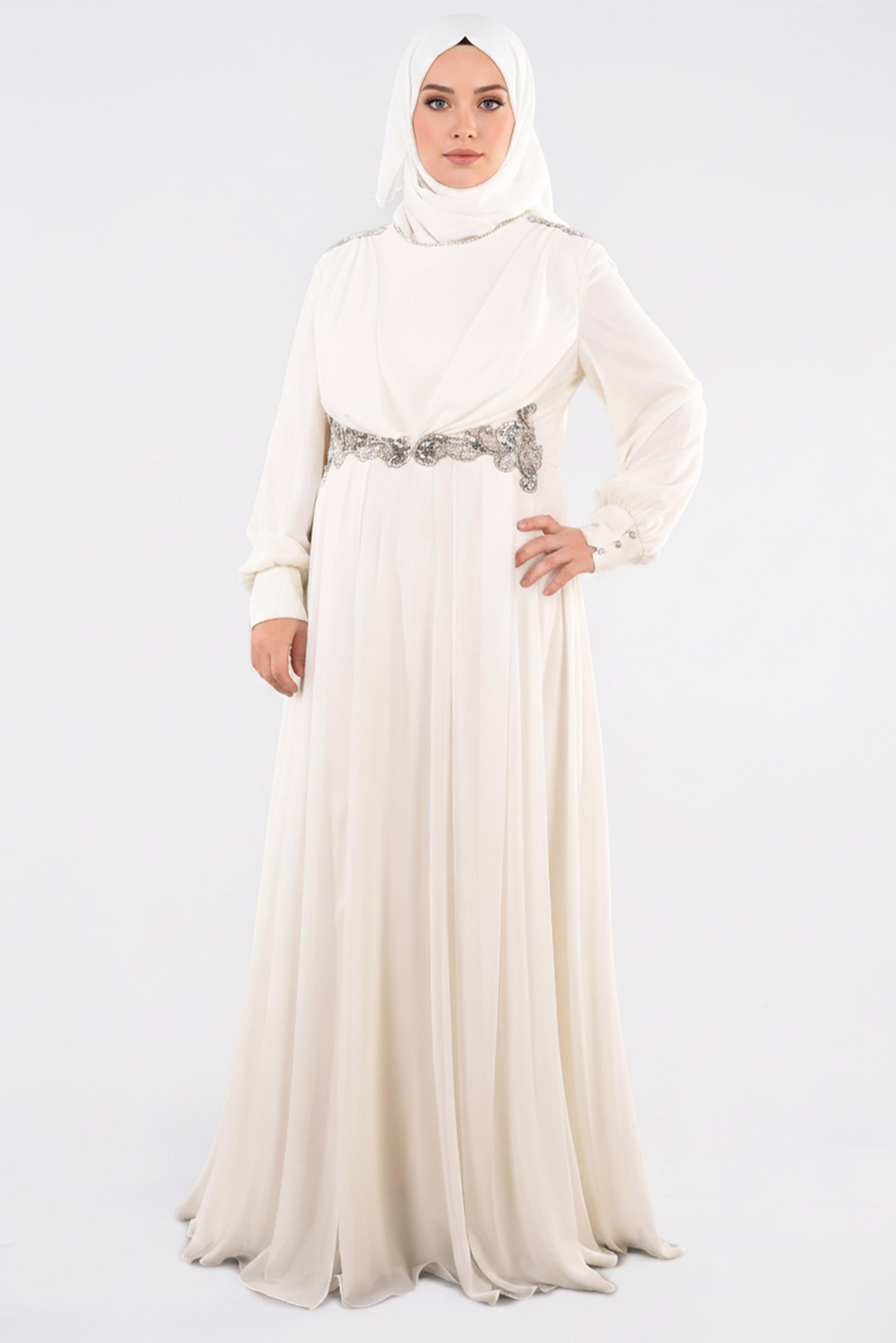 Tesettür giyim BEYAZ TAŞ DETAYLI ŞİFON ABİYE ELBİSE 5350