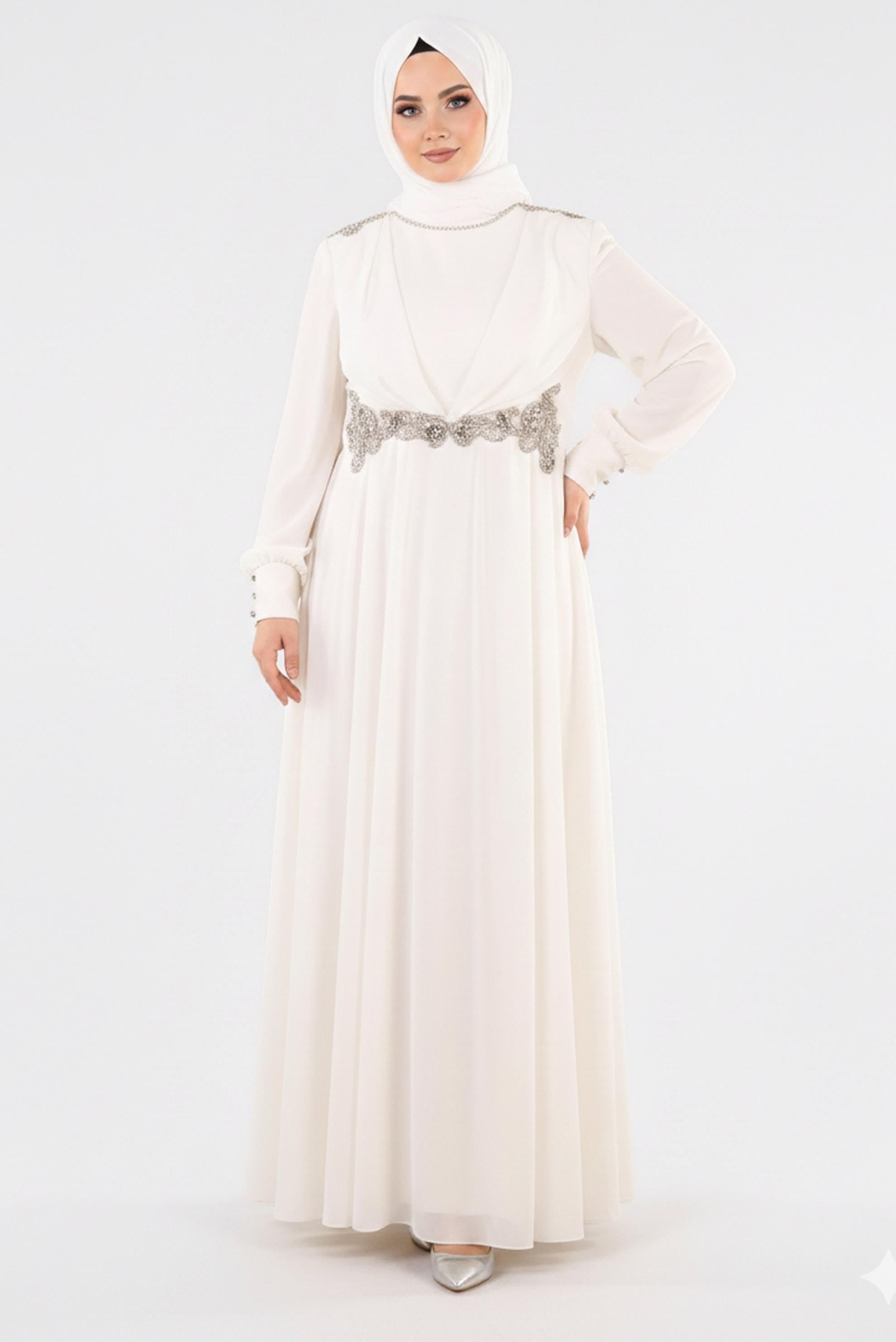 Tesettür giyim BEYAZ TAŞ DETAYLI ŞİFON ABİYE ELBİSE 5350