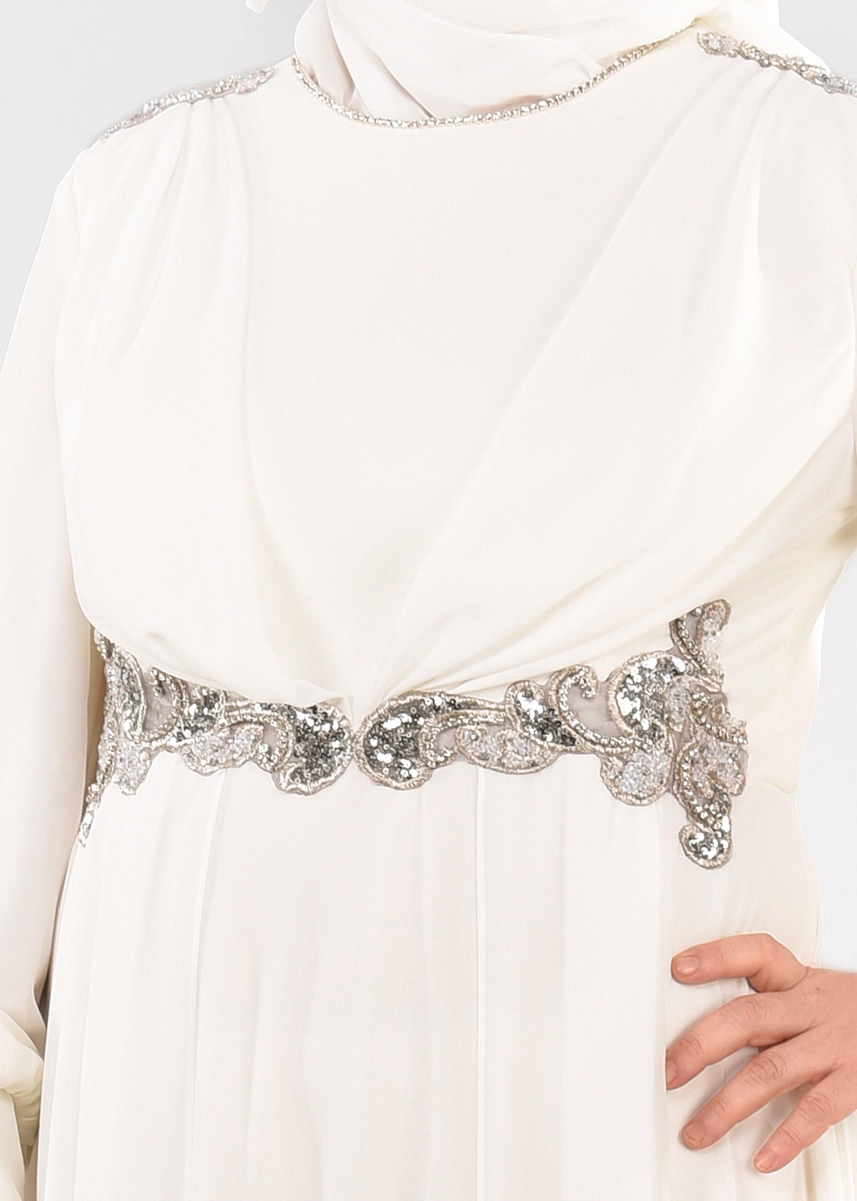 Tesettür giyim BEYAZ TAŞ DETAYLI ŞİFON ABİYE ELBİSE 5350