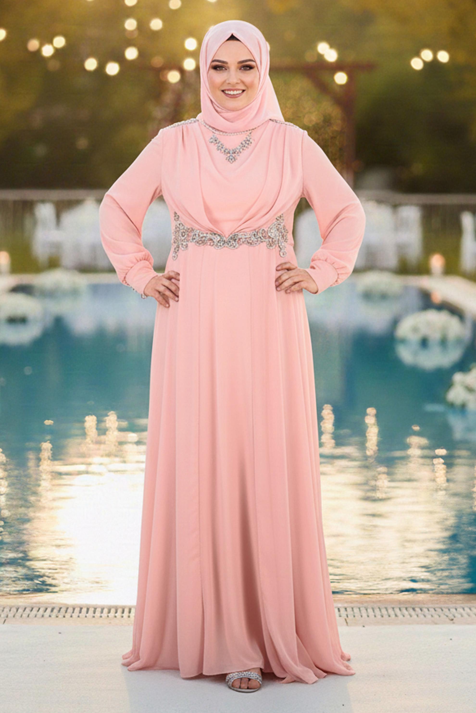 Tesettür giyim PUDRA TAŞ DETAYLI ŞİFON ABİYE ELBİSE 5350
