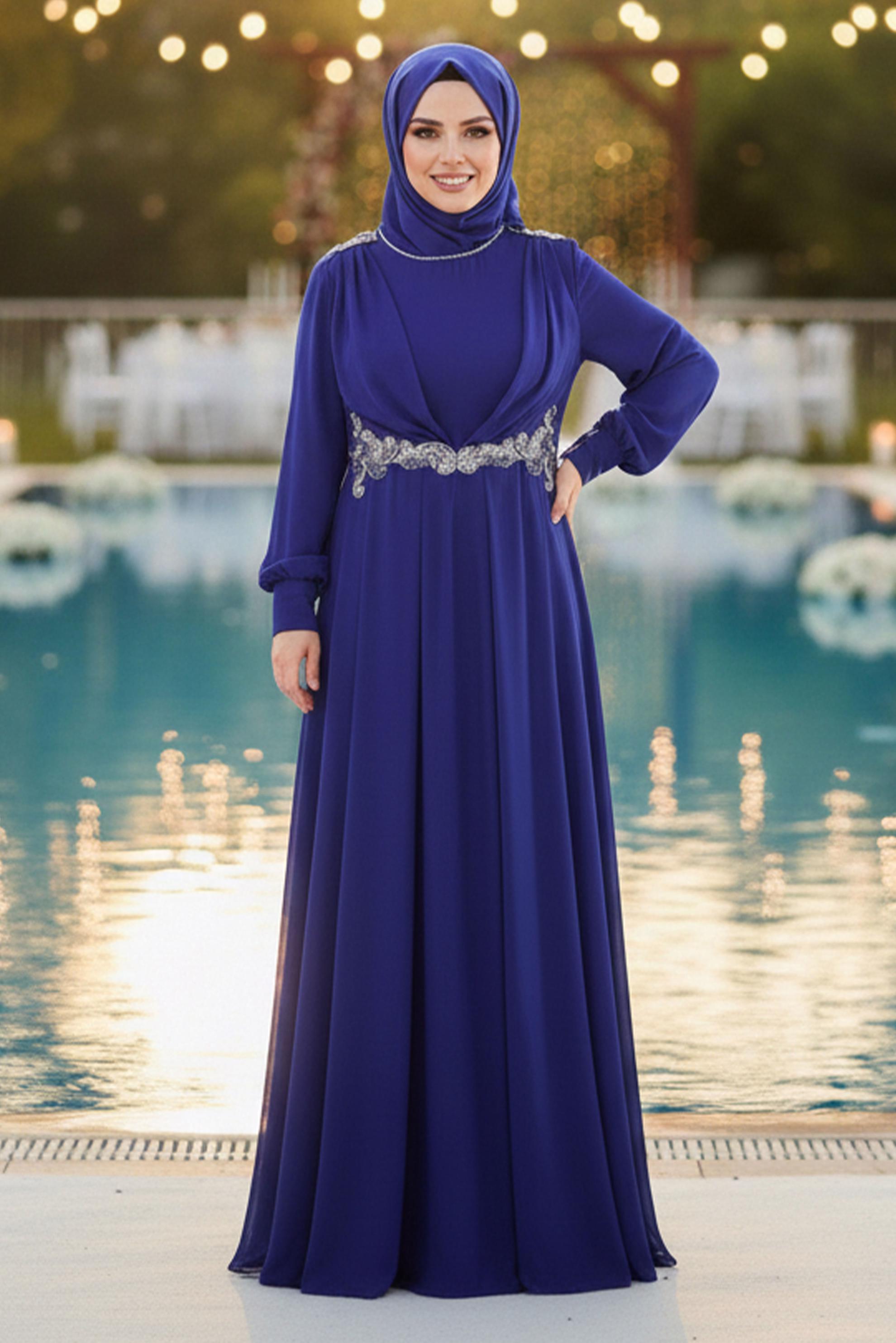 Tesettür giyim LACİVERT TAŞ DETAYLI ŞİFON ABİYE ELBİSE 5350