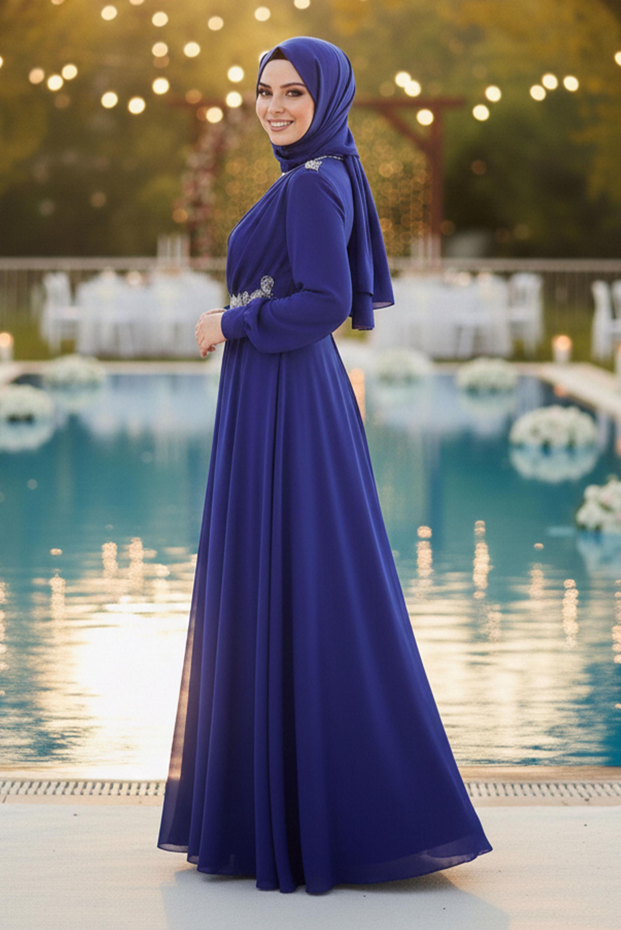 Tesettür giyim LACİVERT TAŞ DETAYLI ŞİFON ABİYE ELBİSE 5350