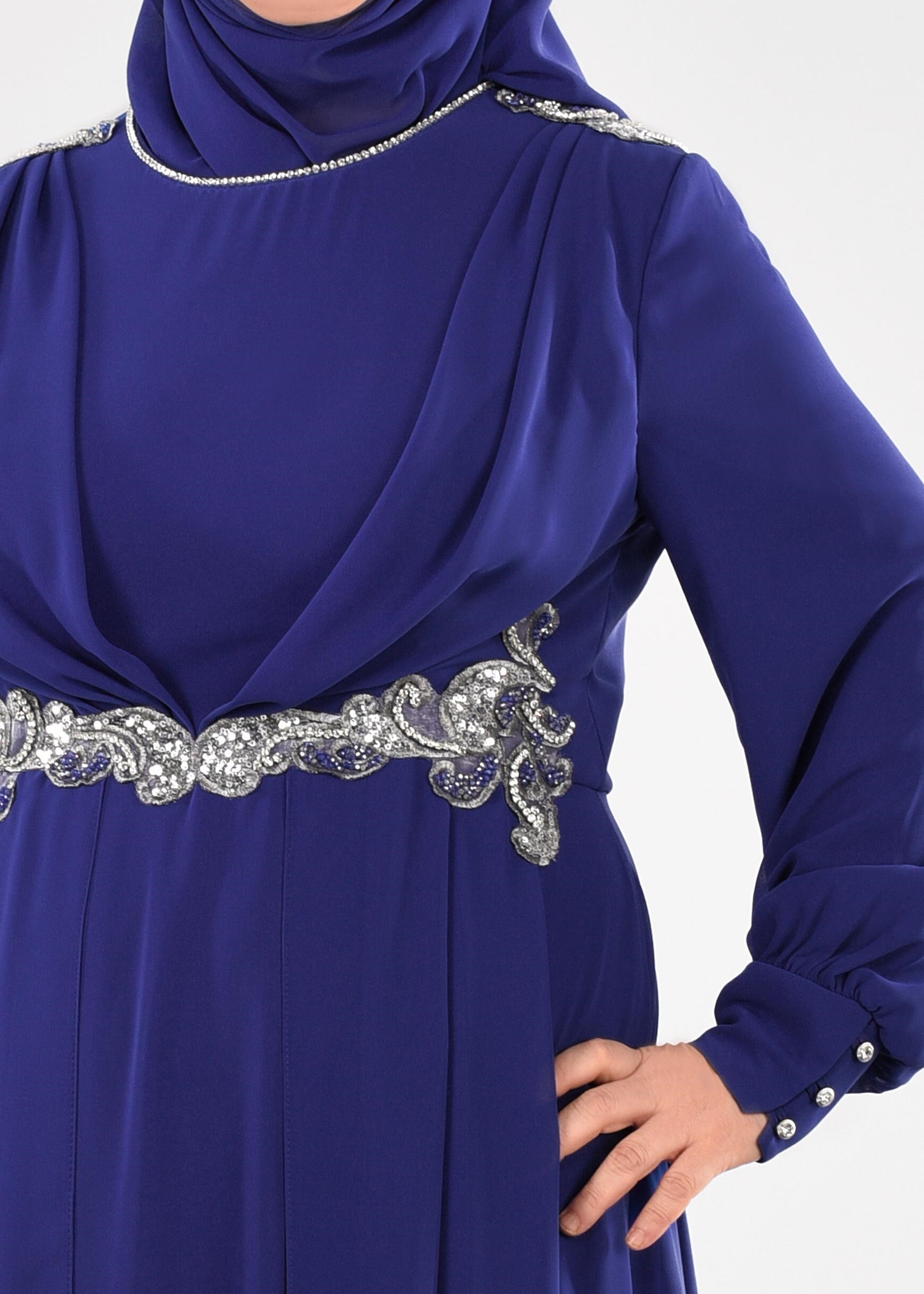 Tesettür giyim LACİVERT TAŞ DETAYLI ŞİFON ABİYE ELBİSE 5350