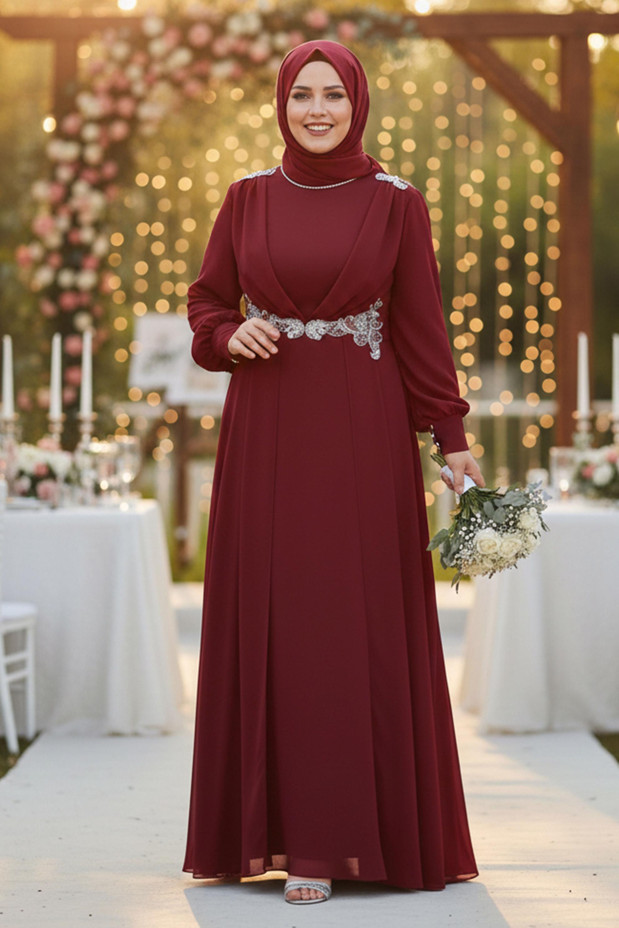 Tesettür giyim BORDO TAŞ DETAYLI ŞİFON ABİYE ELBİSE 5350