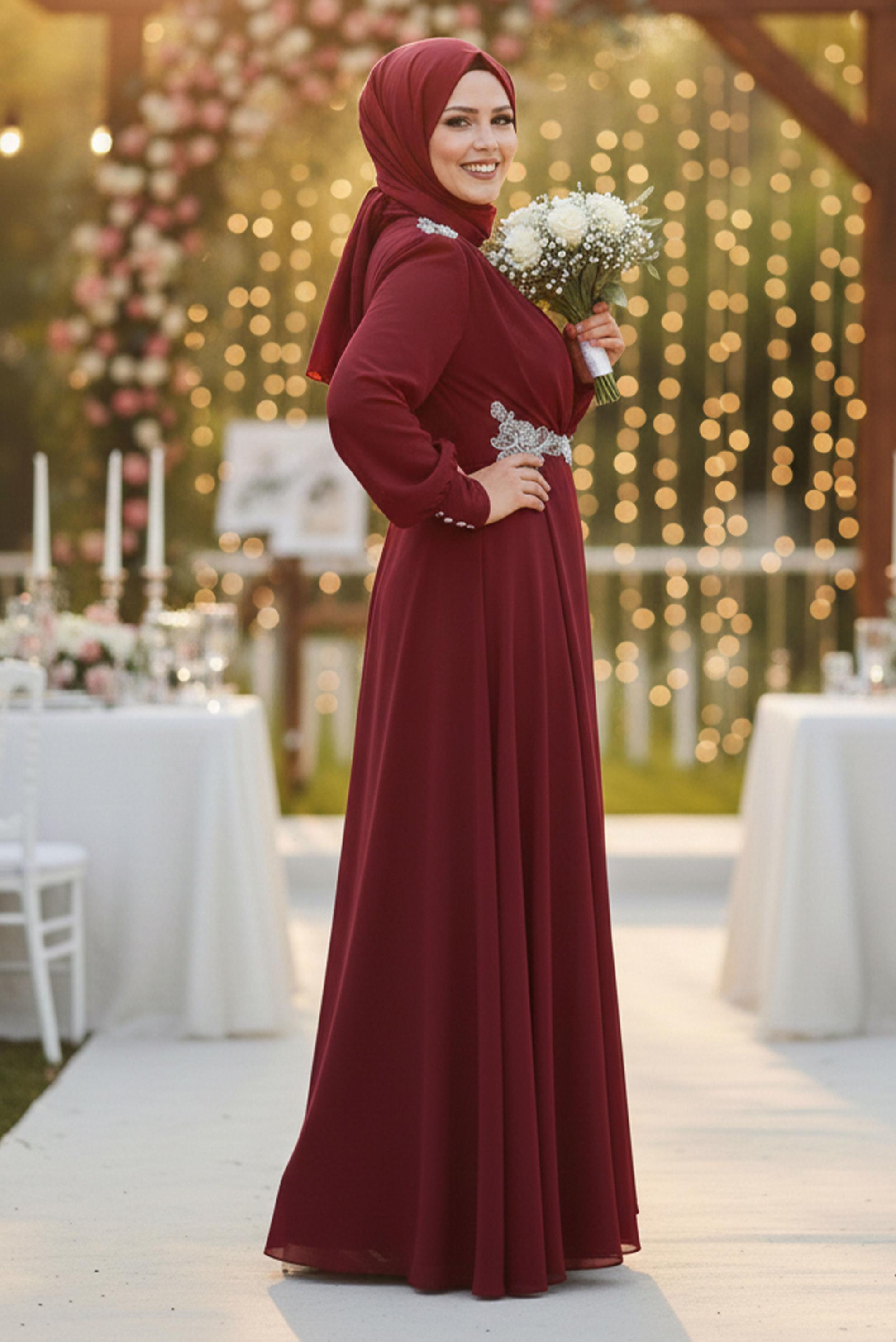 Tesettür giyim BORDO TAŞ DETAYLI ŞİFON ABİYE ELBİSE 5350