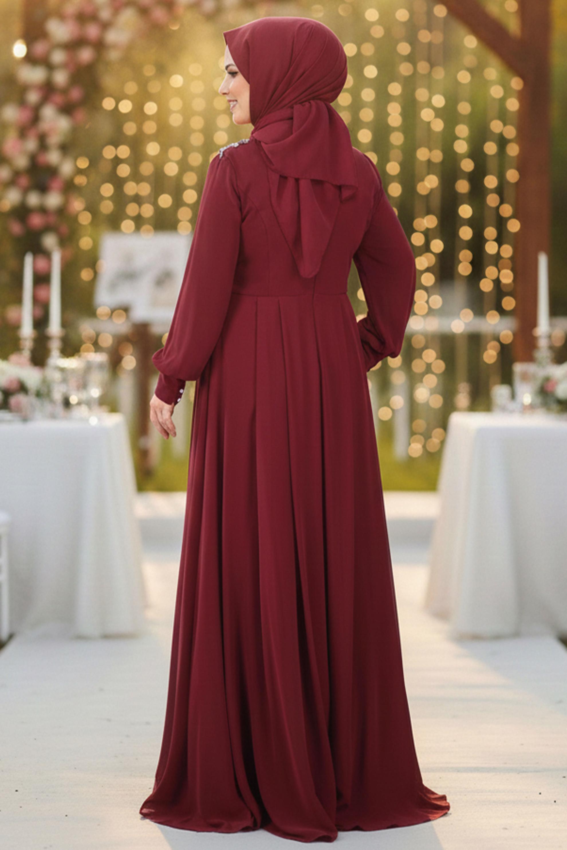 Tesettür giyim BORDO TAŞ DETAYLI ŞİFON ABİYE ELBİSE 5350
