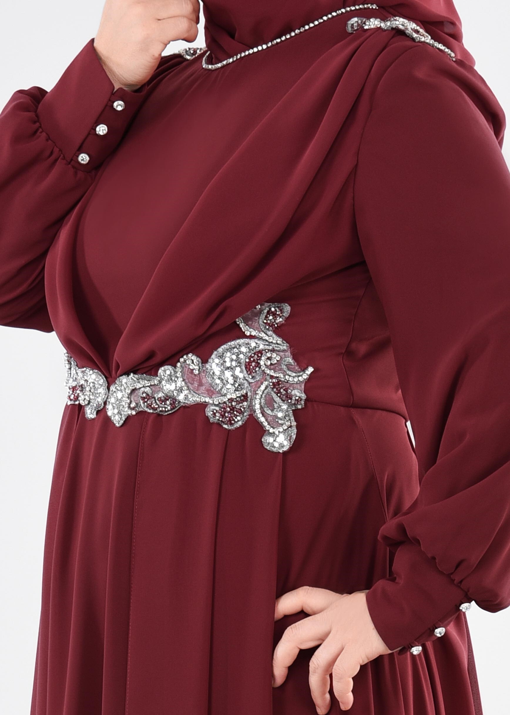 Tesettür giyim BORDO TAŞ DETAYLI ŞİFON ABİYE ELBİSE 5350