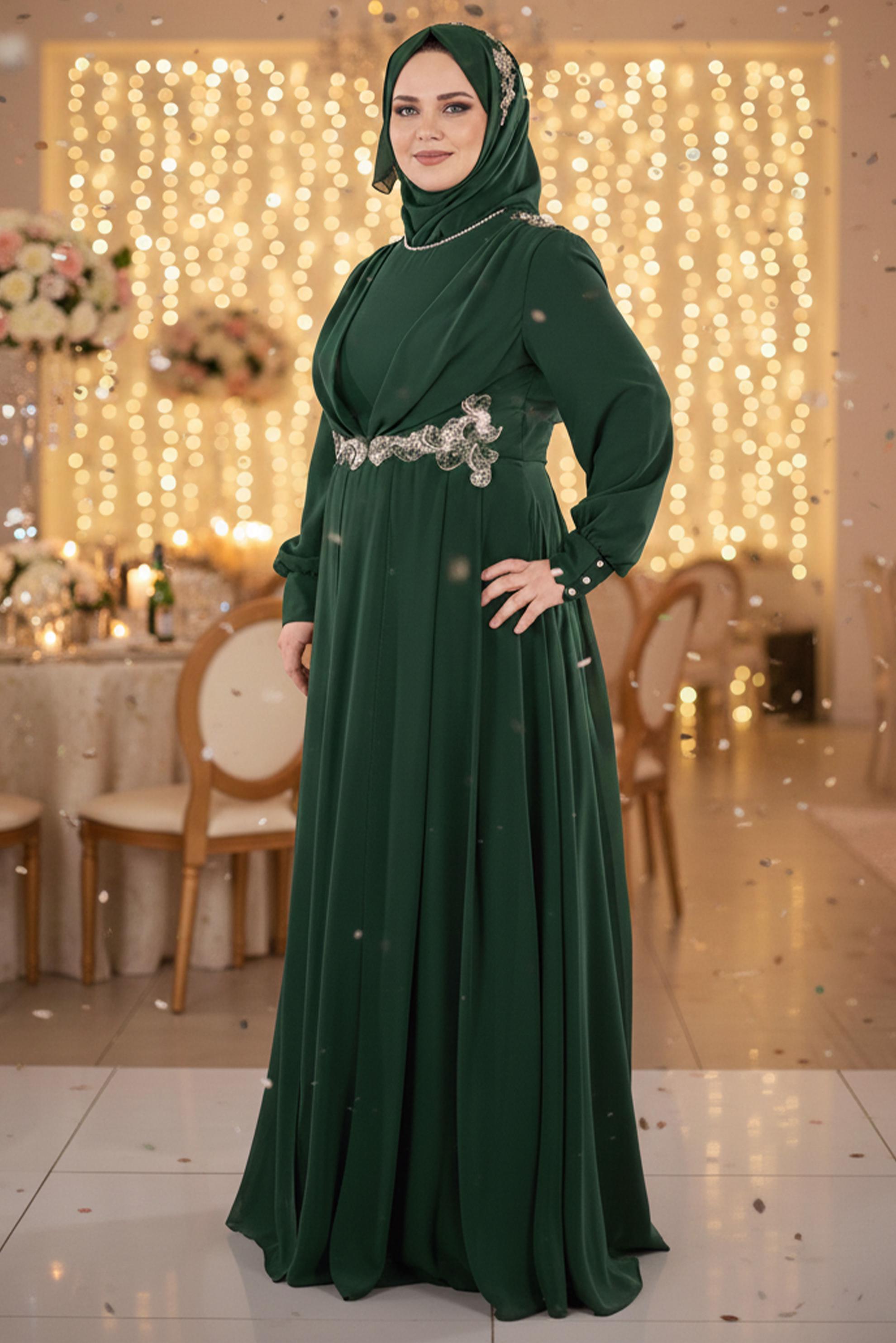 Tesettür giyim YEŞİL TAŞ DETAYLI ŞİFON ABİYE ELBİSE 5350