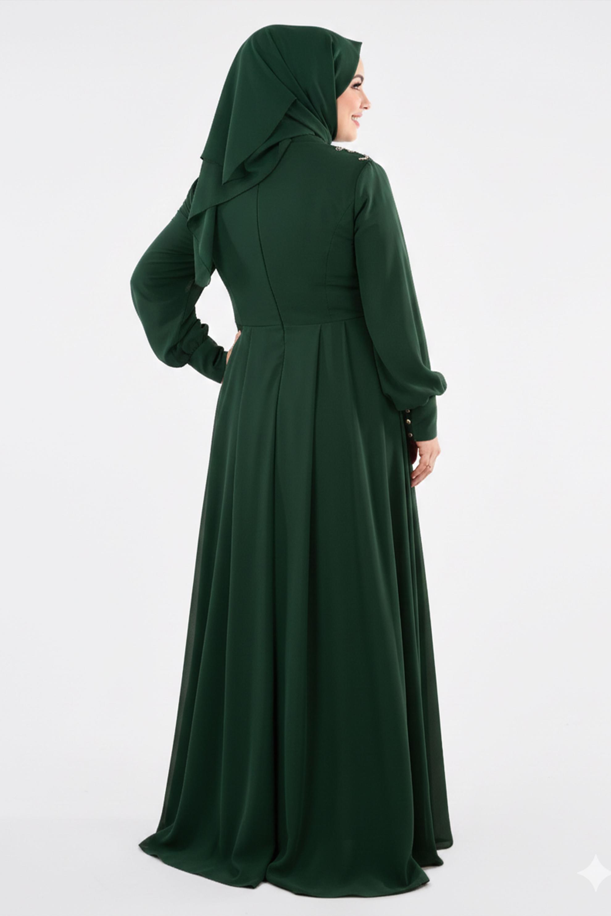 Tesettür giyim YEŞİL TAŞ DETAYLI ŞİFON ABİYE ELBİSE 5350