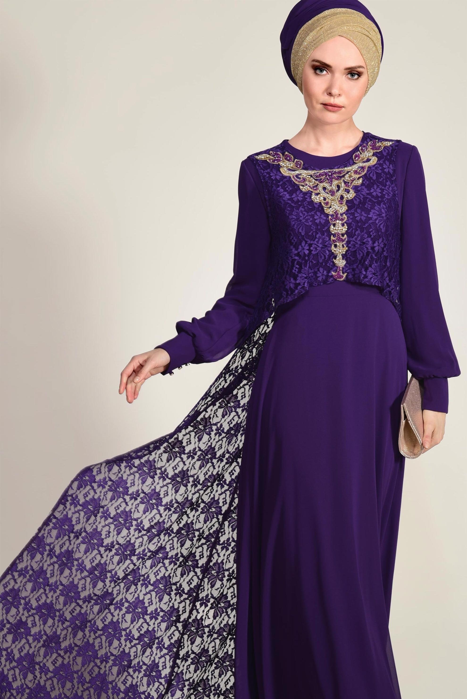 Tesettür giyim MOR İŞLEME DETAYLI ELBİSELİ TAKIM 5352