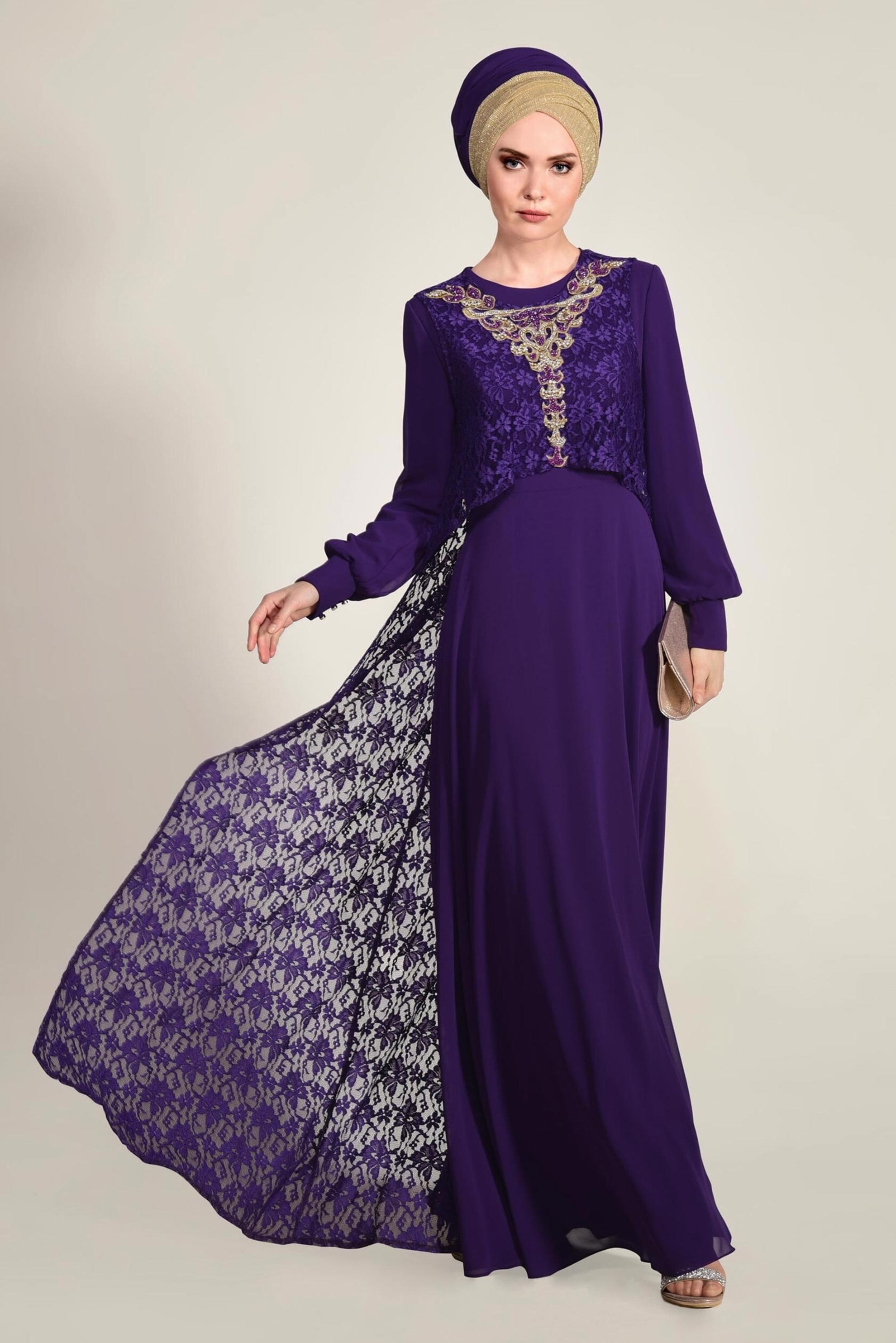 Tesettür giyim MOR İŞLEME DETAYLI ELBİSELİ TAKIM 5352