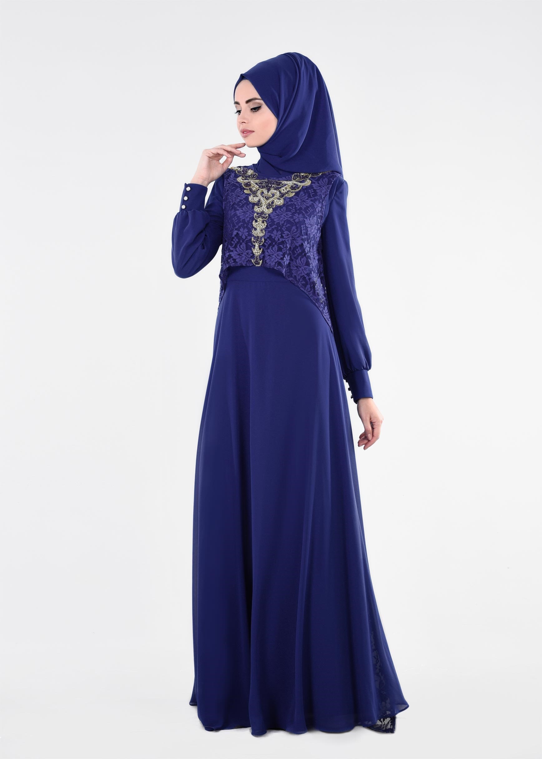 Tesettür giyim LACİVERT İŞLEME DETAYLI ELBİSELİ TAKIM 5352