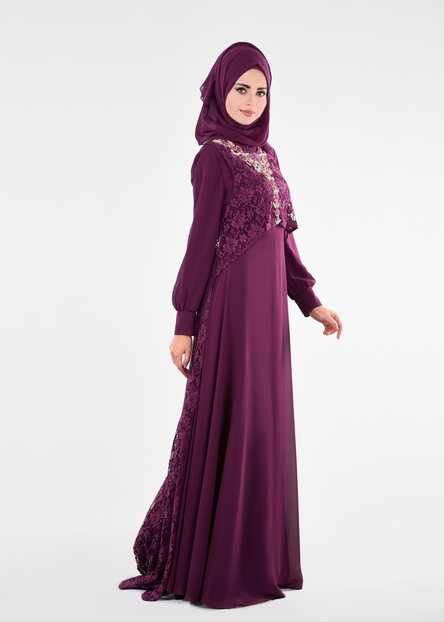 Tesettür giyim MOR İŞLEME DETAYLI ELBİSELİ TAKIM 5352