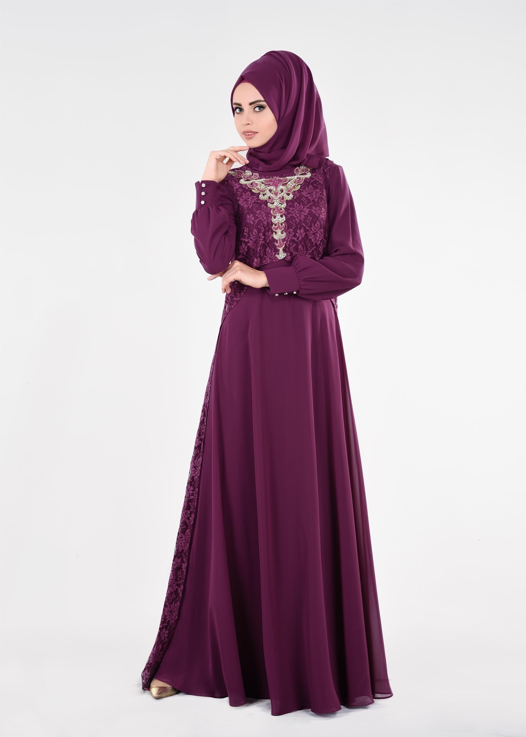 Tesettür giyim MOR İŞLEME DETAYLI ELBİSELİ TAKIM 5352