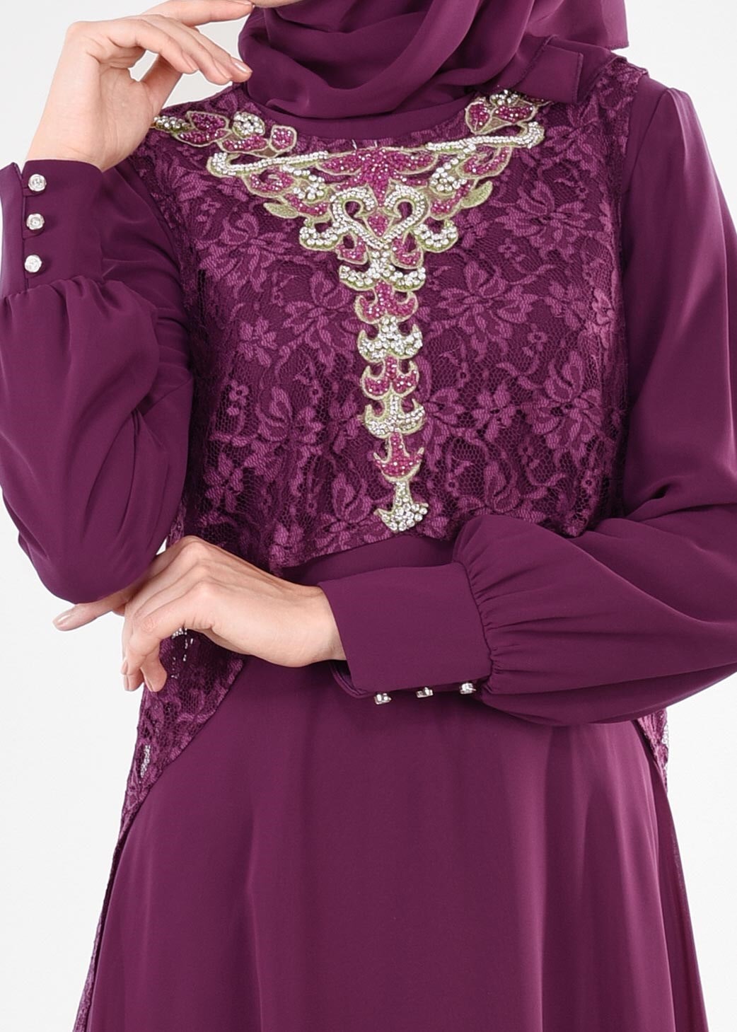 Tesettür giyim MOR İŞLEME DETAYLI ELBİSELİ TAKIM 5352