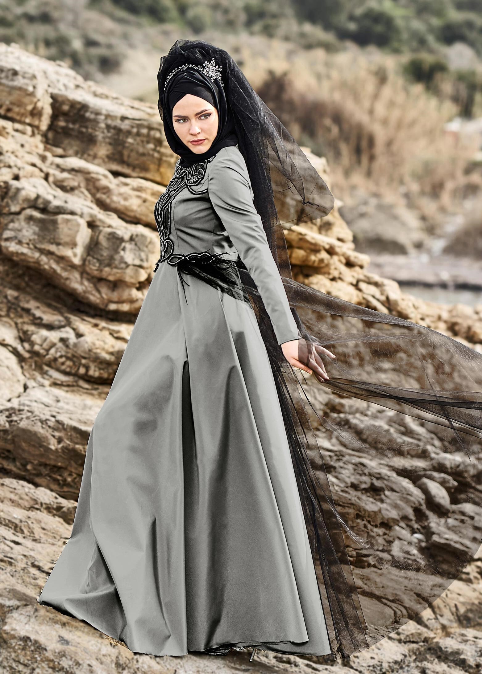 Tesettür giyim GRİ 5358 AİSHA ABİYE 38/42 TEK38