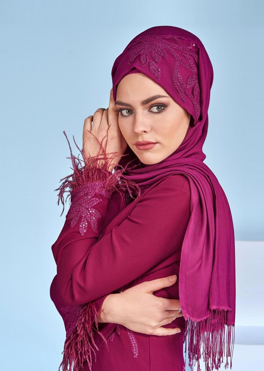 Tesettür giyim MOR PUL PAYETLİ MANŞETLERİ TÜYLÜ ABİYE ELBİSE 5359