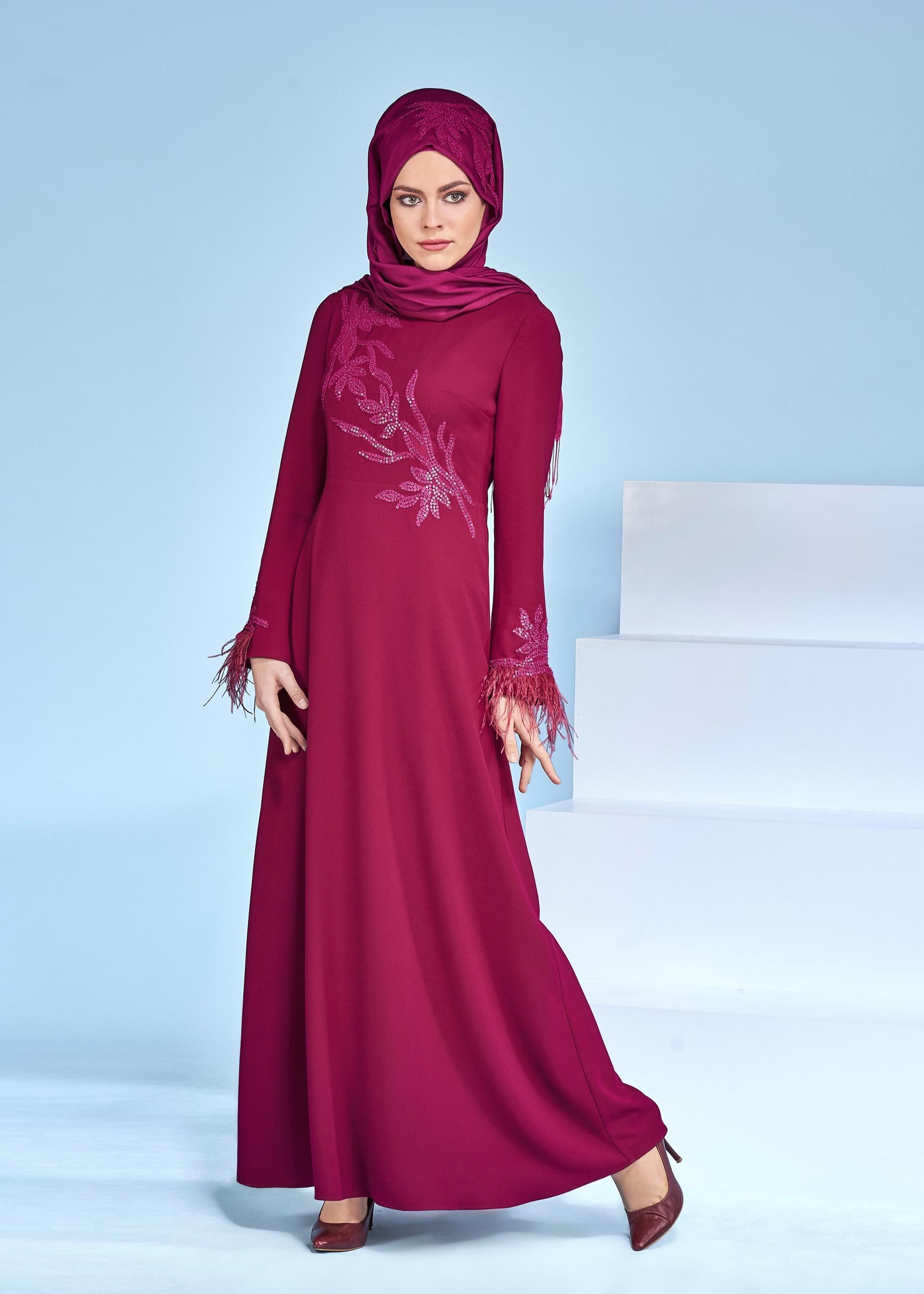 Tesettür giyim MOR PUL PAYETLİ MANŞETLERİ TÜYLÜ ABİYE ELBİSE 5359