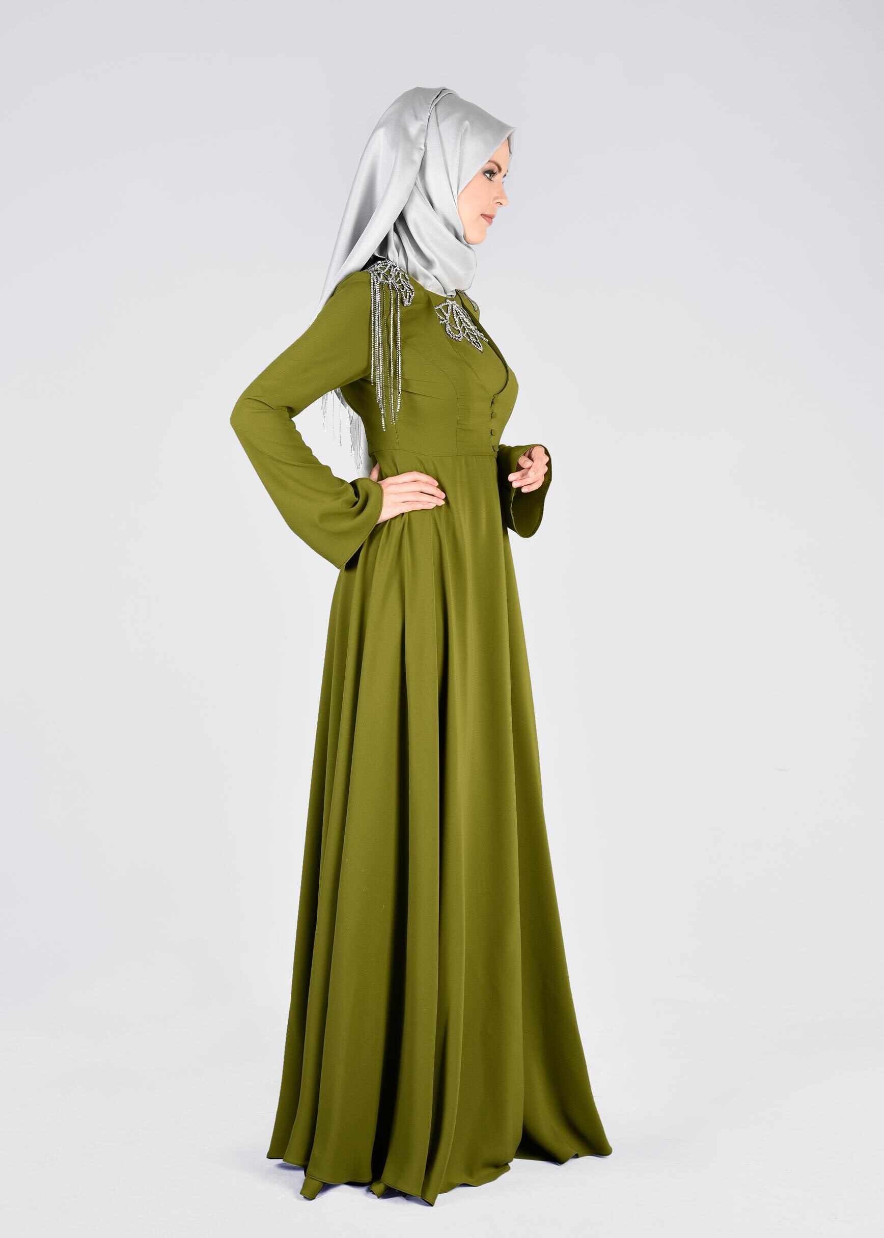 Tesettür giyim YEŞİL TAŞLI DÜĞME DETAYLI İKİLİ ABİYE ELBİSE 5363