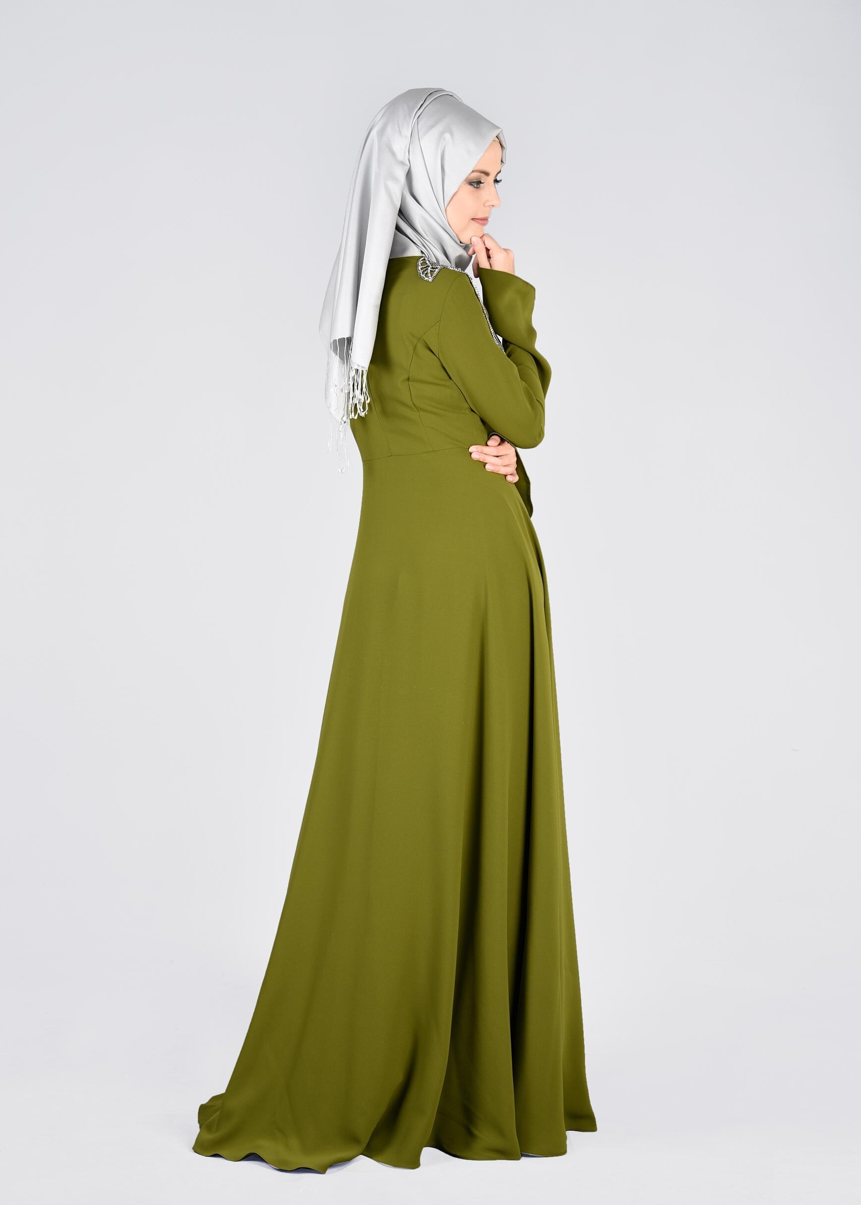 Tesettür giyim YEŞİL TAŞLI DÜĞME DETAYLI İKİLİ ABİYE ELBİSE 5363