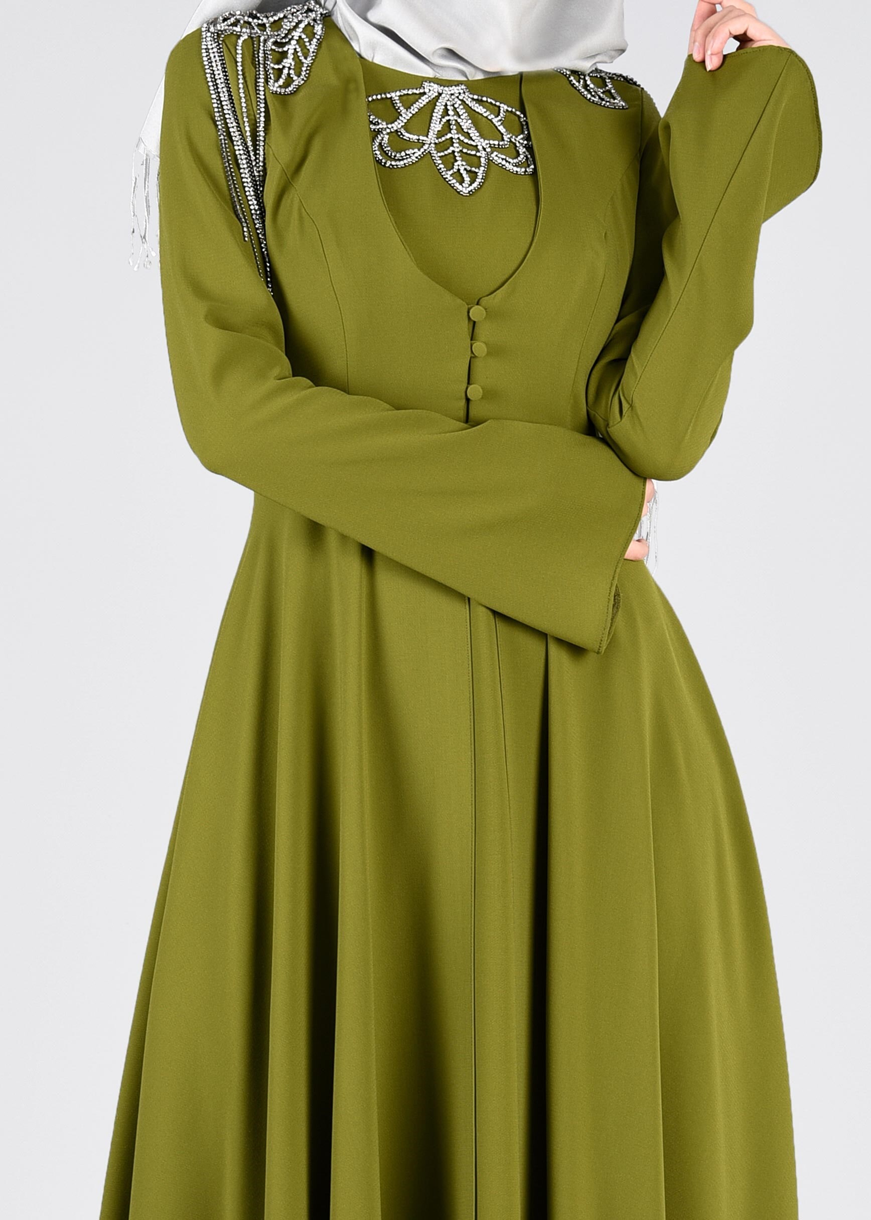 Tesettür giyim YEŞİL TAŞLI DÜĞME DETAYLI İKİLİ ABİYE ELBİSE 5363