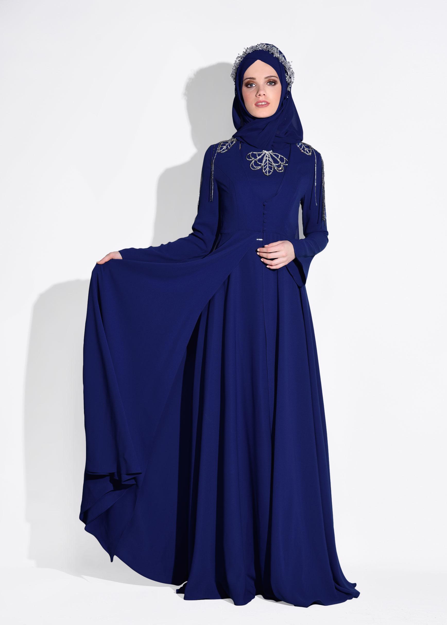 Tesettür giyim LACİVERT TAŞLI DÜĞME DETAYLI İKİLİ ABİYE ELBİSE 5363