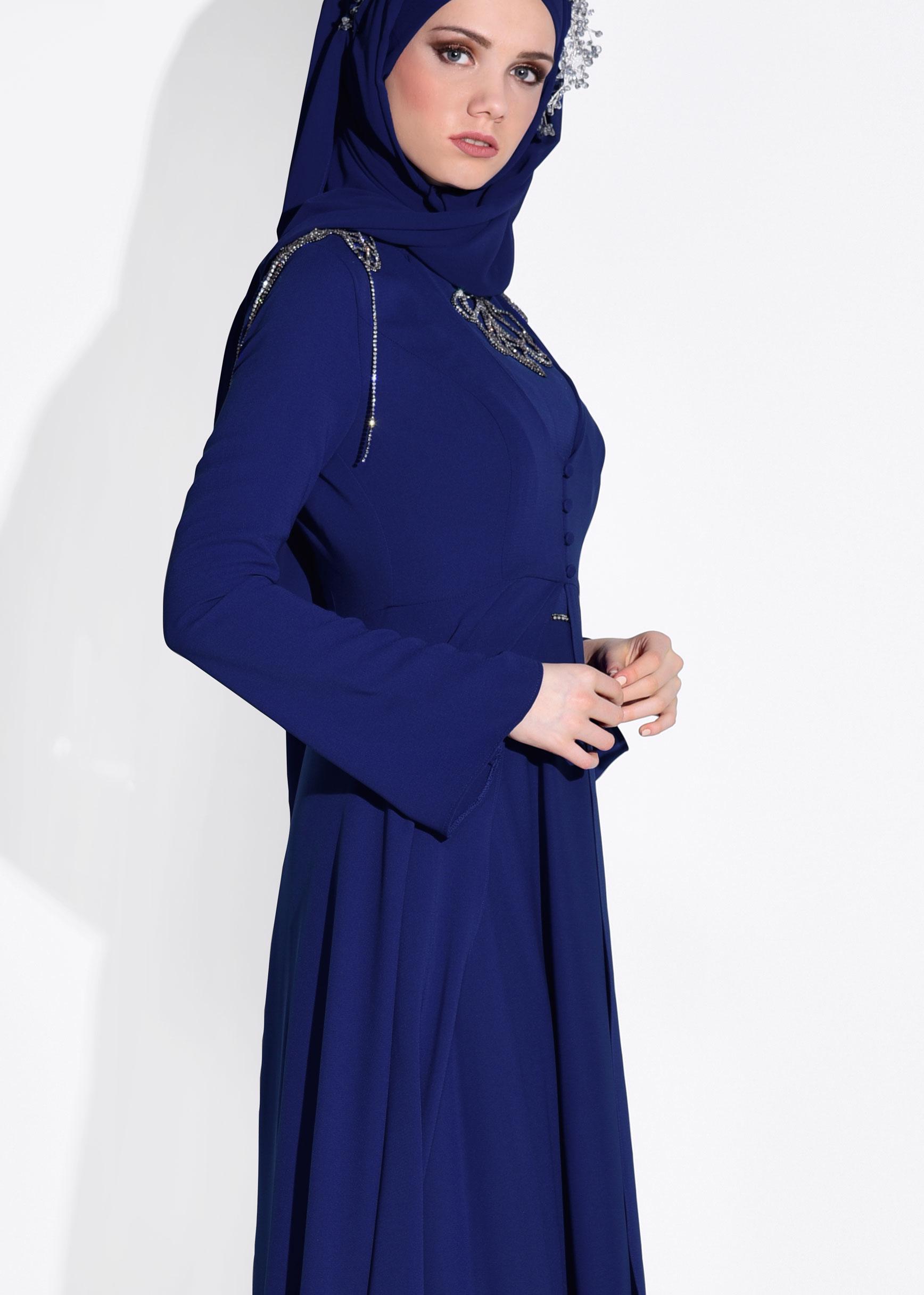 Tesettür giyim LACİVERT TAŞLI DÜĞME DETAYLI İKİLİ ABİYE ELBİSE 5363