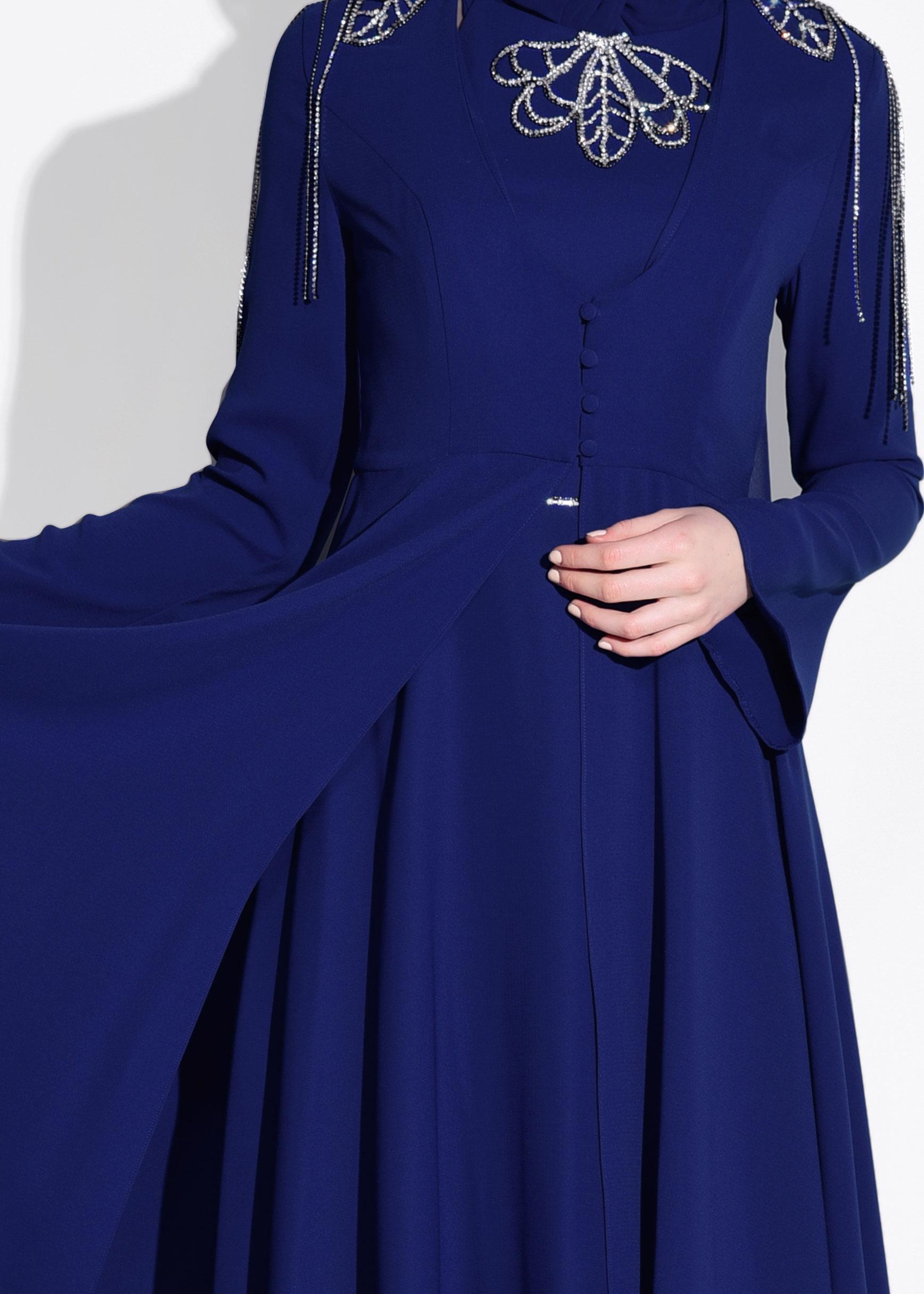 Tesettür giyim LACİVERT TAŞLI DÜĞME DETAYLI İKİLİ ABİYE ELBİSE 5363