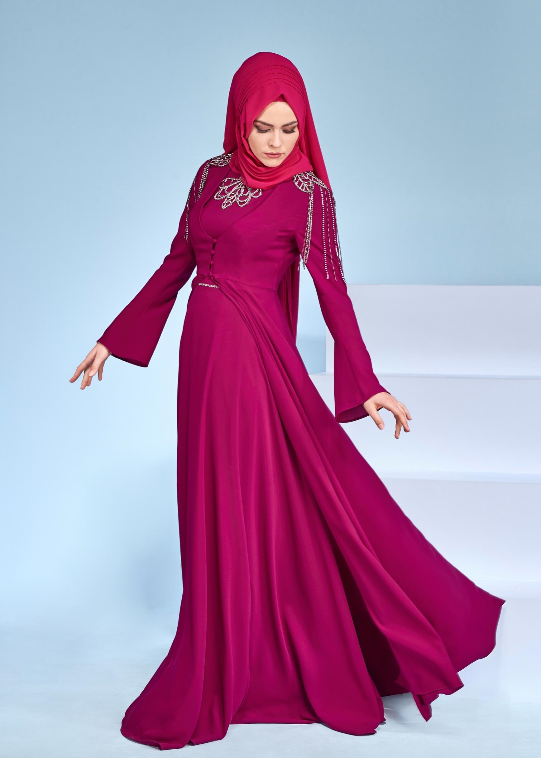 Tesettür giyim MOR TAŞLI DÜĞME DETAYLI İKİLİ ABİYE ELBİSE 5363