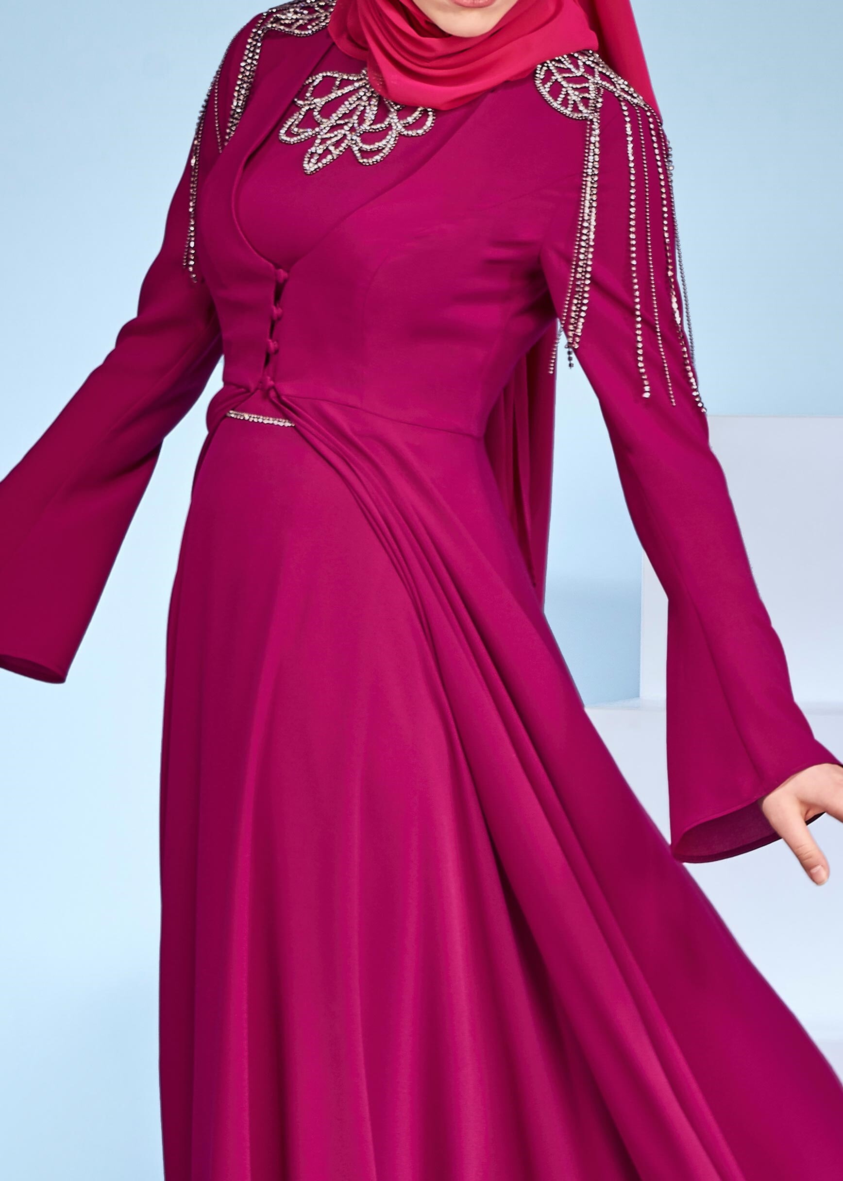 Tesettür giyim MOR TAŞLI DÜĞME DETAYLI İKİLİ ABİYE ELBİSE 5363