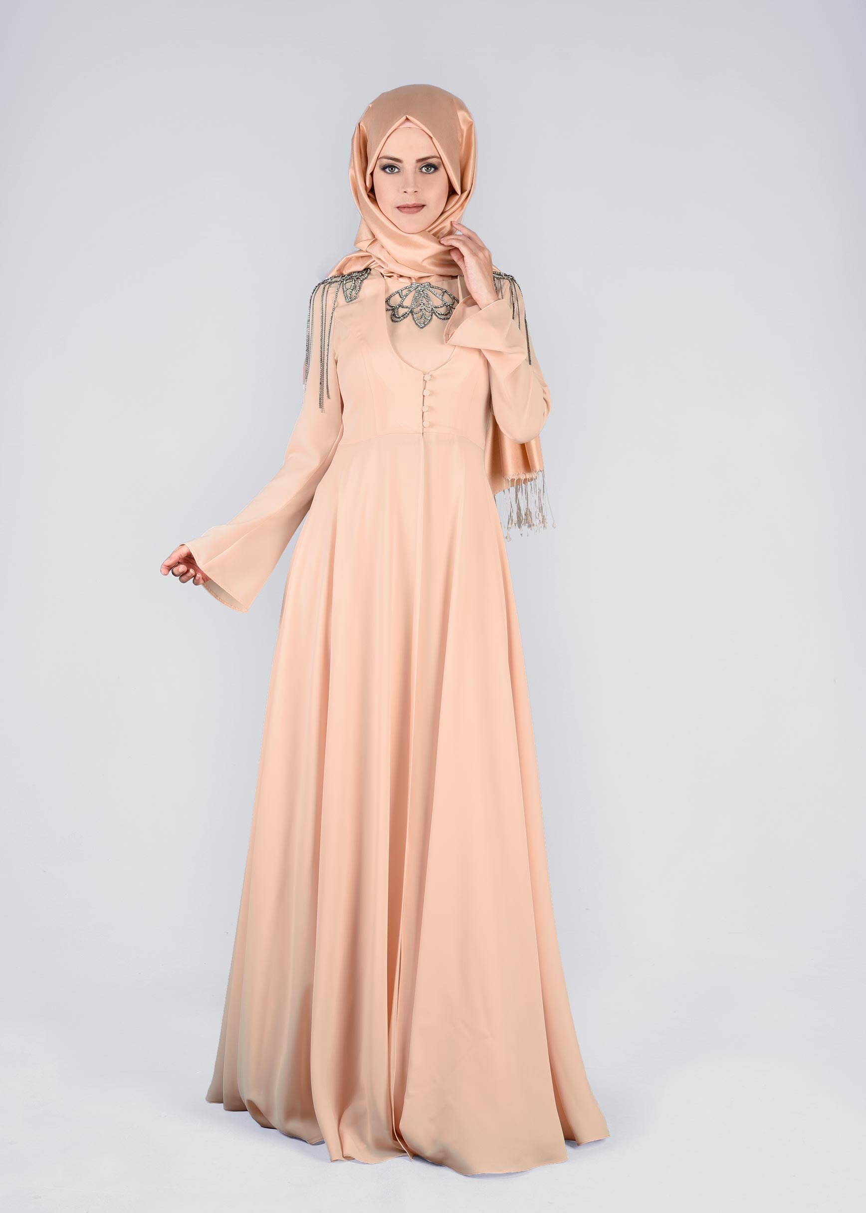 Tesettür giyim PEMBE TAŞLI DÜĞME DETAYLI İKİLİ ABİYE ELBİSE 5363