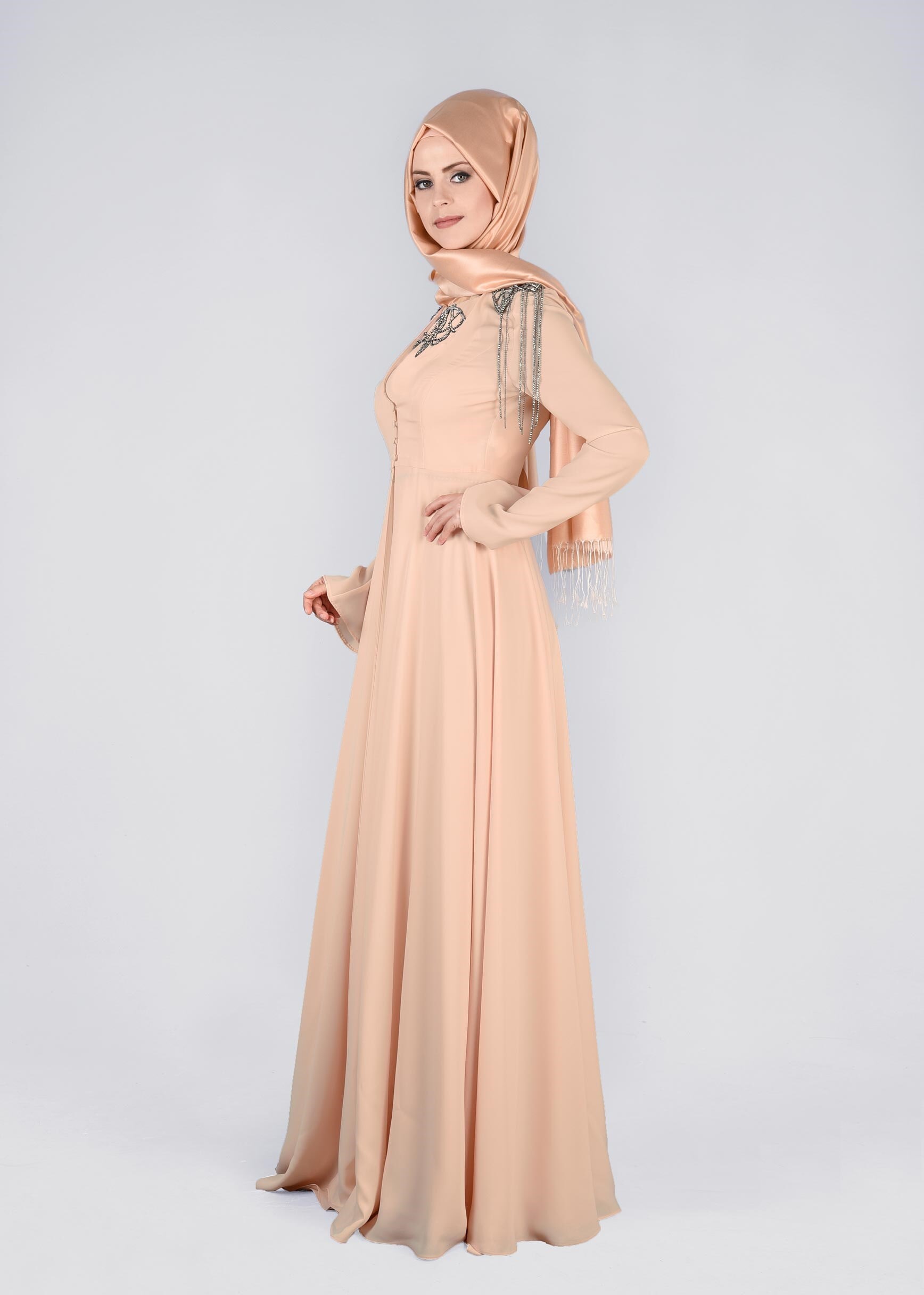 Tesettür giyim PEMBE TAŞLI DÜĞME DETAYLI İKİLİ ABİYE ELBİSE 5363