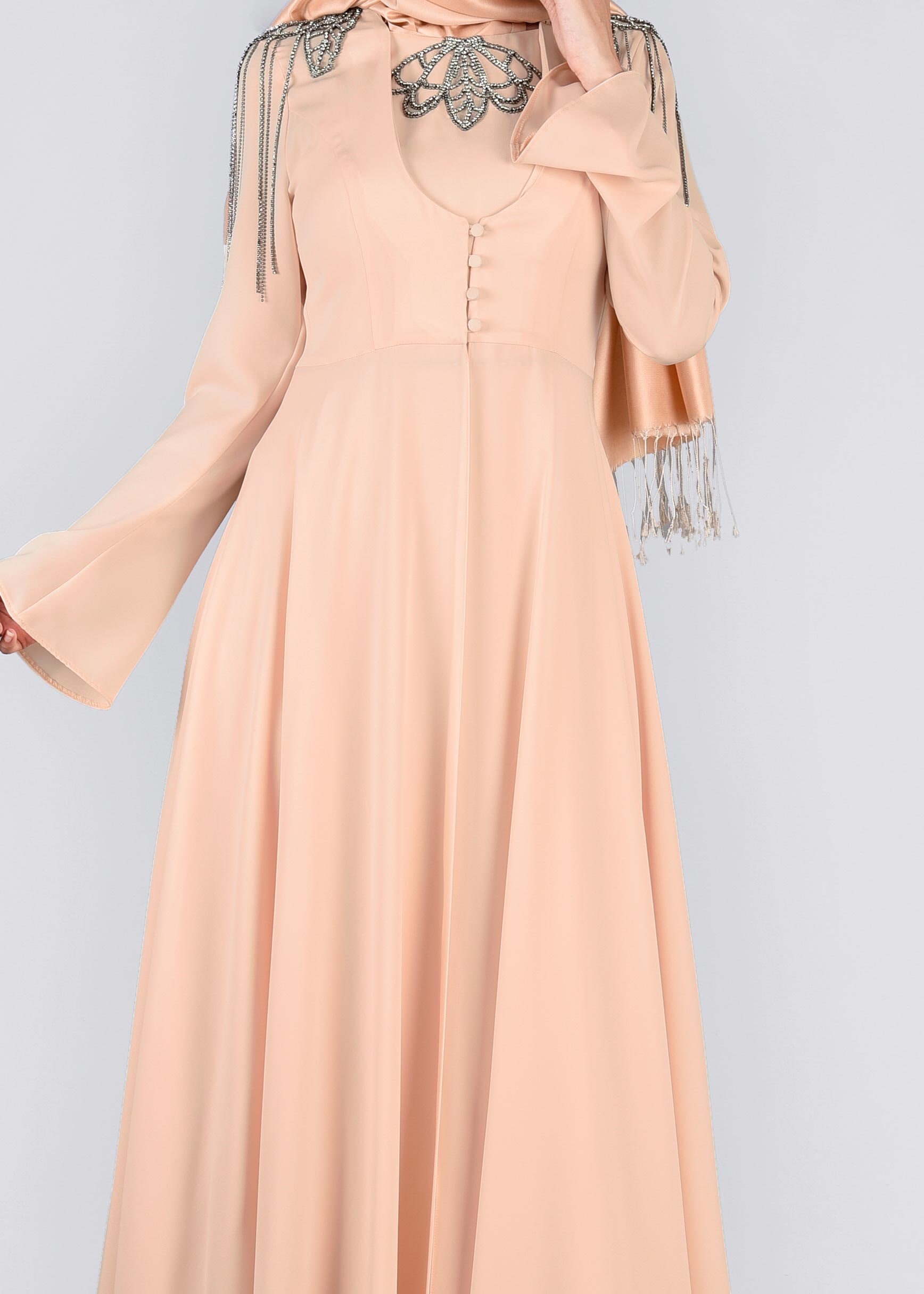 Tesettür giyim PEMBE TAŞLI DÜĞME DETAYLI İKİLİ ABİYE ELBİSE 5363