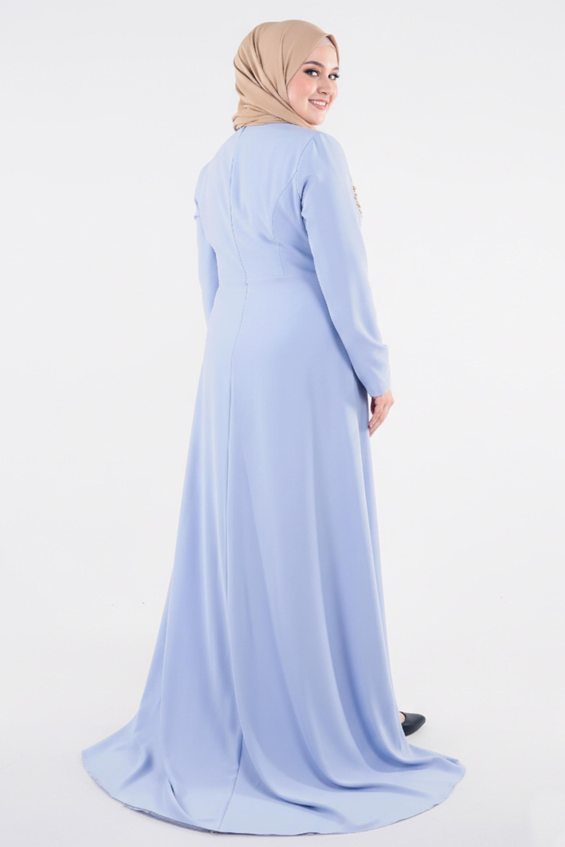 Tesettür giyim MAVİ DESENLİ ABİYE ELBİSE 5367