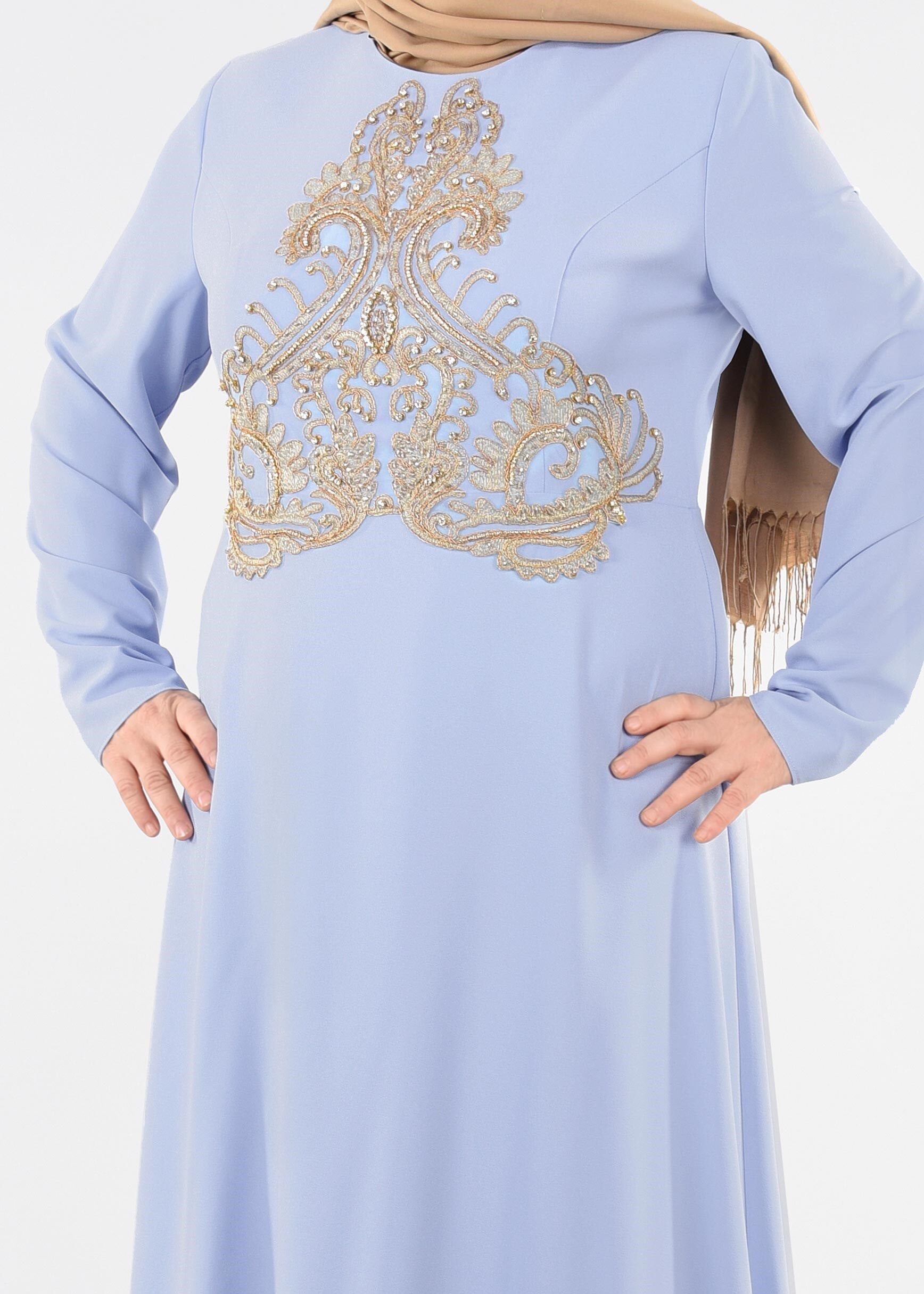 Tesettür giyim MAVİ DESENLİ ABİYE ELBİSE 5367