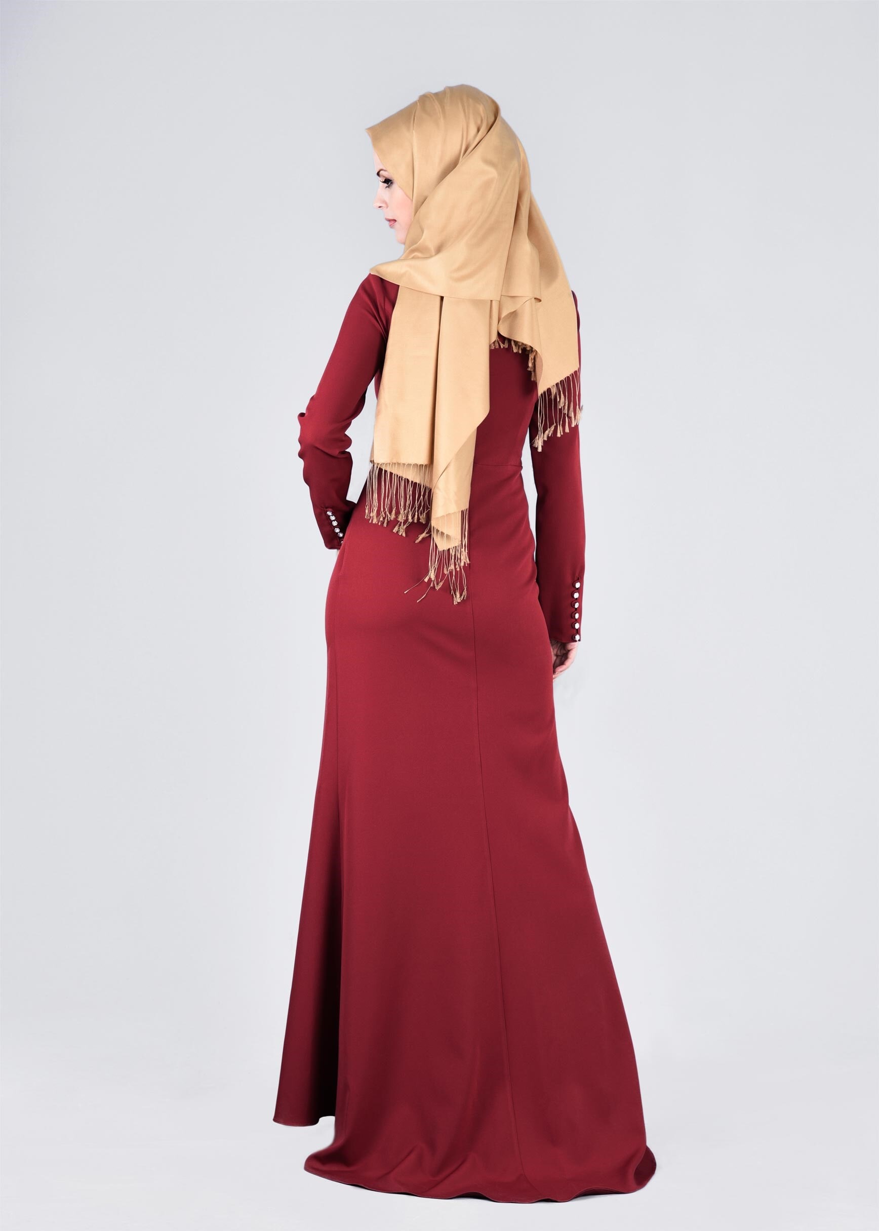 Tesettür giyim BORDO İŞLEMELİ TAŞ DETAYLI ABİYE ELBİSE 5372