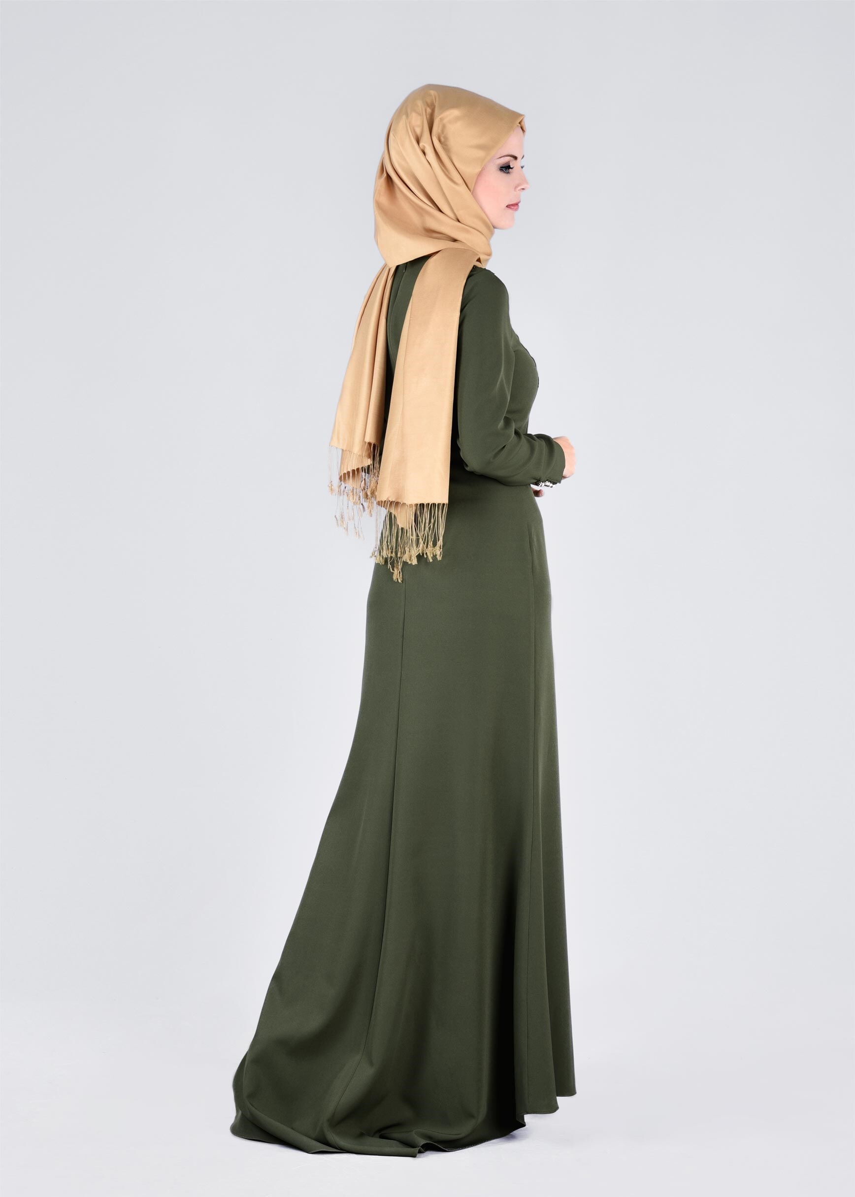 Tesettür giyim HAKİ İŞLEMELİ TAŞ DETAYLI ABİYE ELBİSE 5372