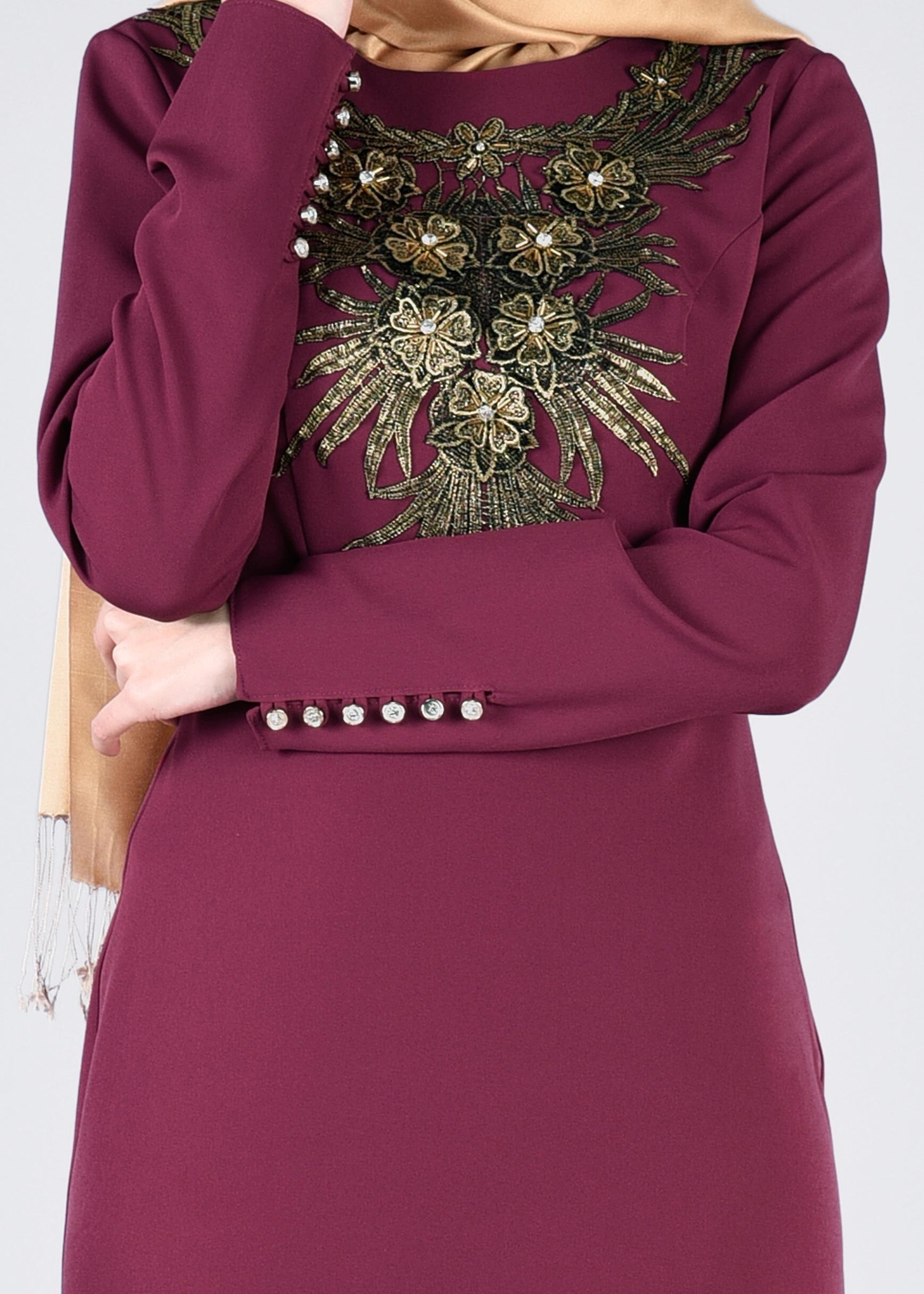 Tesettür giyim FUŞYA İŞLEMELİ TAŞ DETAYLI ABİYE ELBİSE 5372