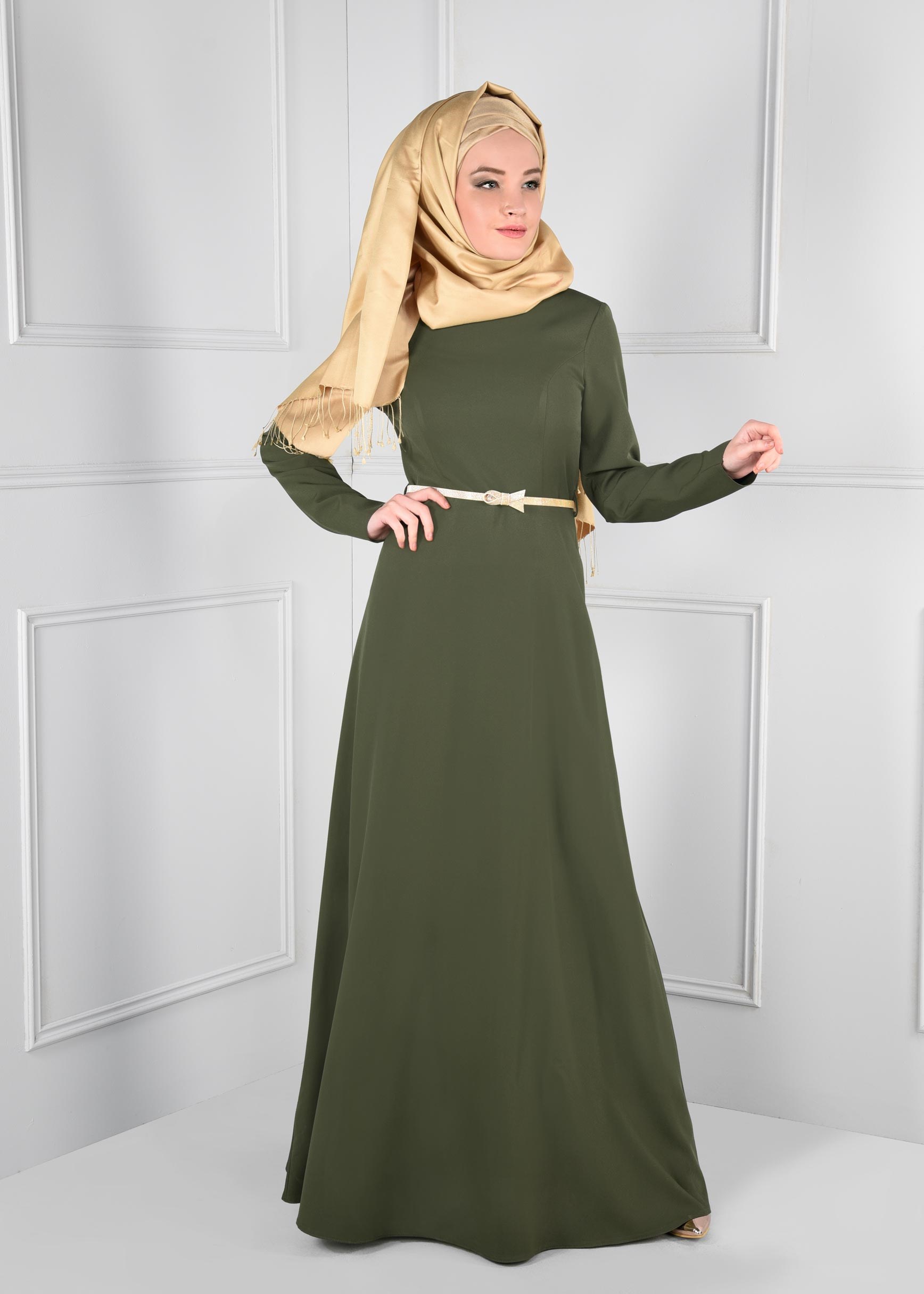 Tesettür giyim HAKİ DÜZ TESETTÜR ABİYE ELBİSE 5374