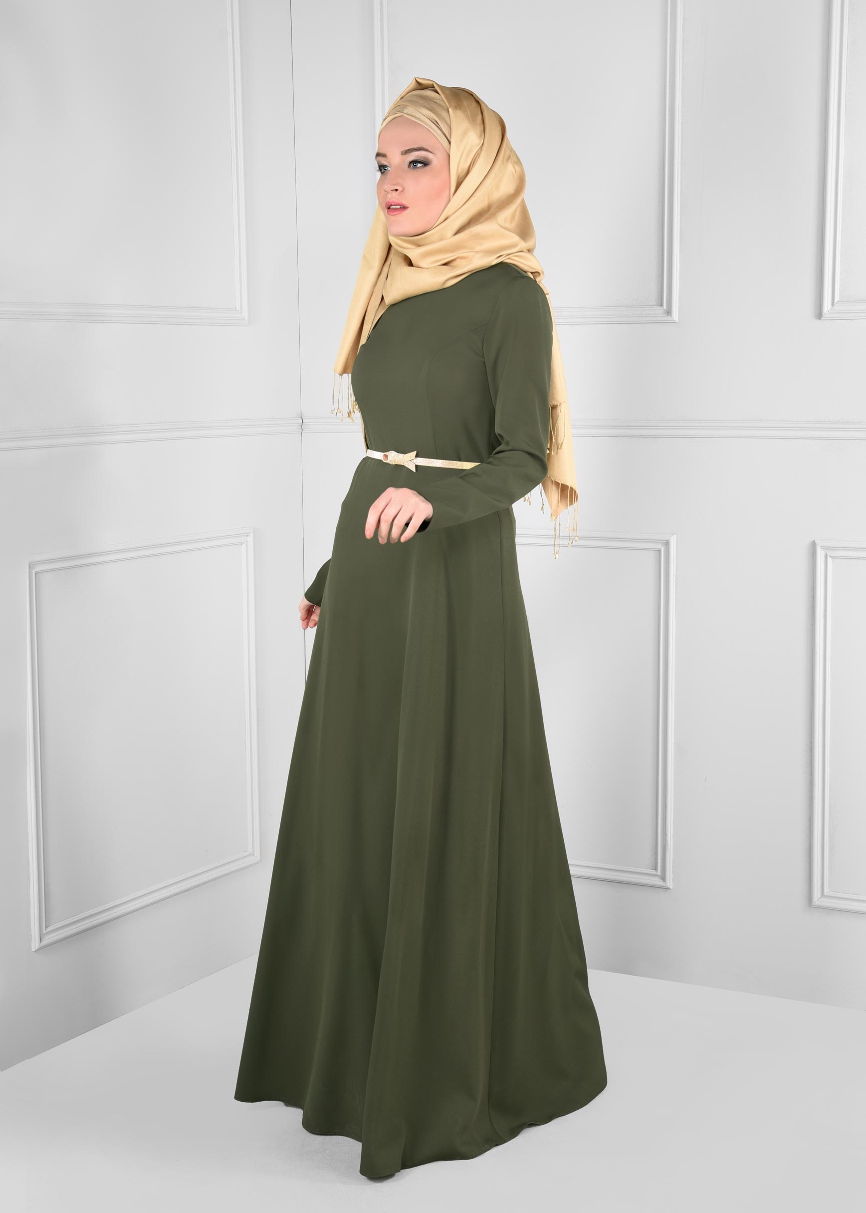 Tesettür giyim HAKİ DÜZ TESETTÜR ABİYE ELBİSE 5374