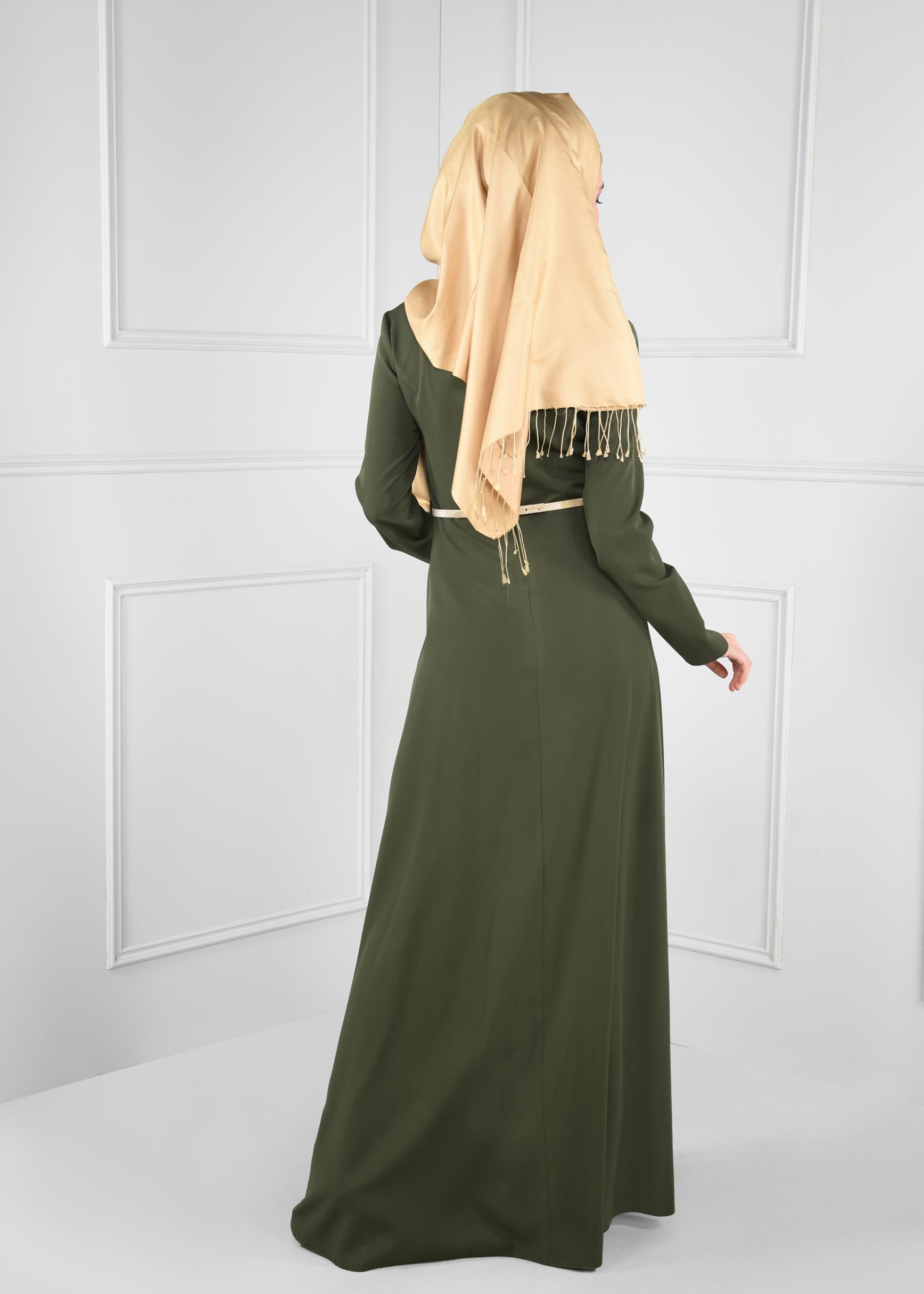 Tesettür giyim HAKİ DÜZ TESETTÜR ABİYE ELBİSE 5374