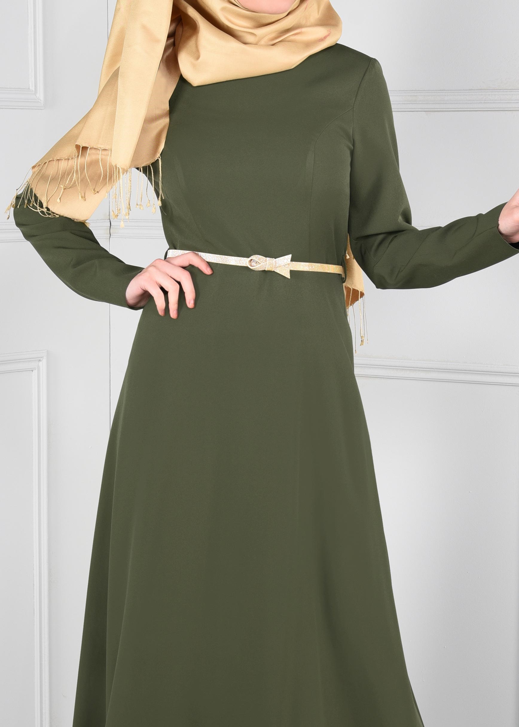 Tesettür giyim HAKİ DÜZ TESETTÜR ABİYE ELBİSE 5374