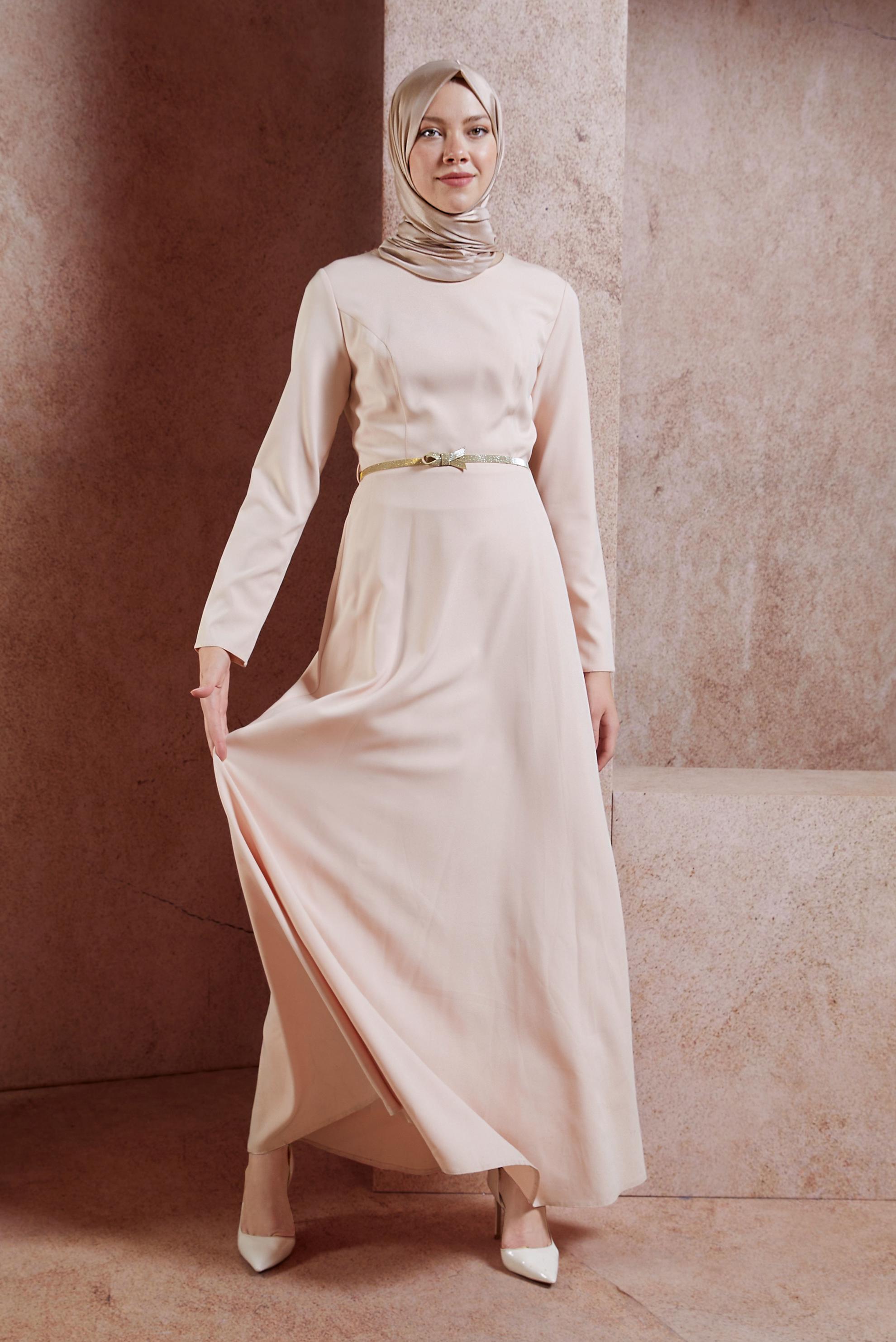 Tesettür giyim PUDRA DÜZ TESETTÜR ABİYE ELBİSE 5374