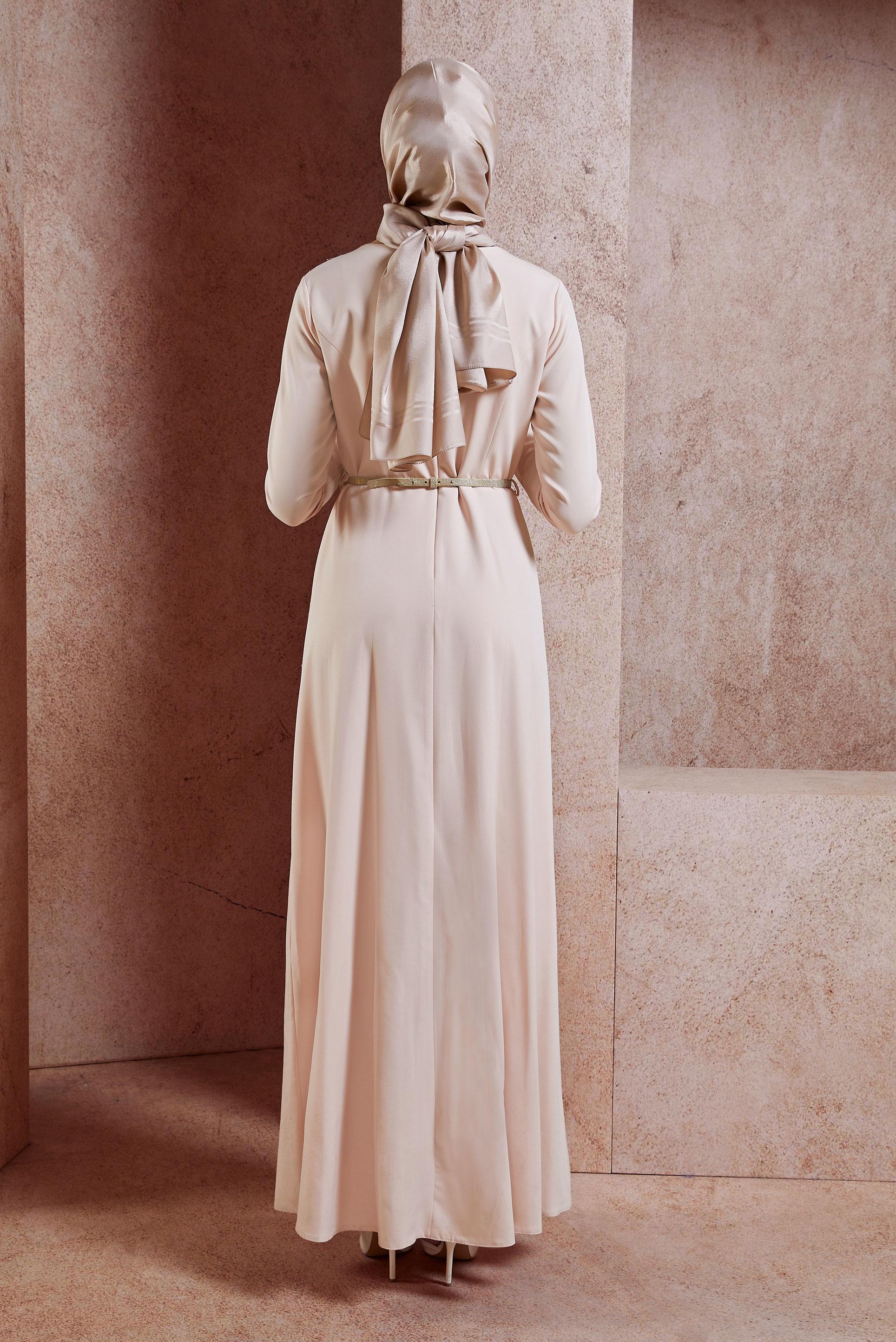 Tesettür giyim PUDRA DÜZ TESETTÜR ABİYE ELBİSE 5374