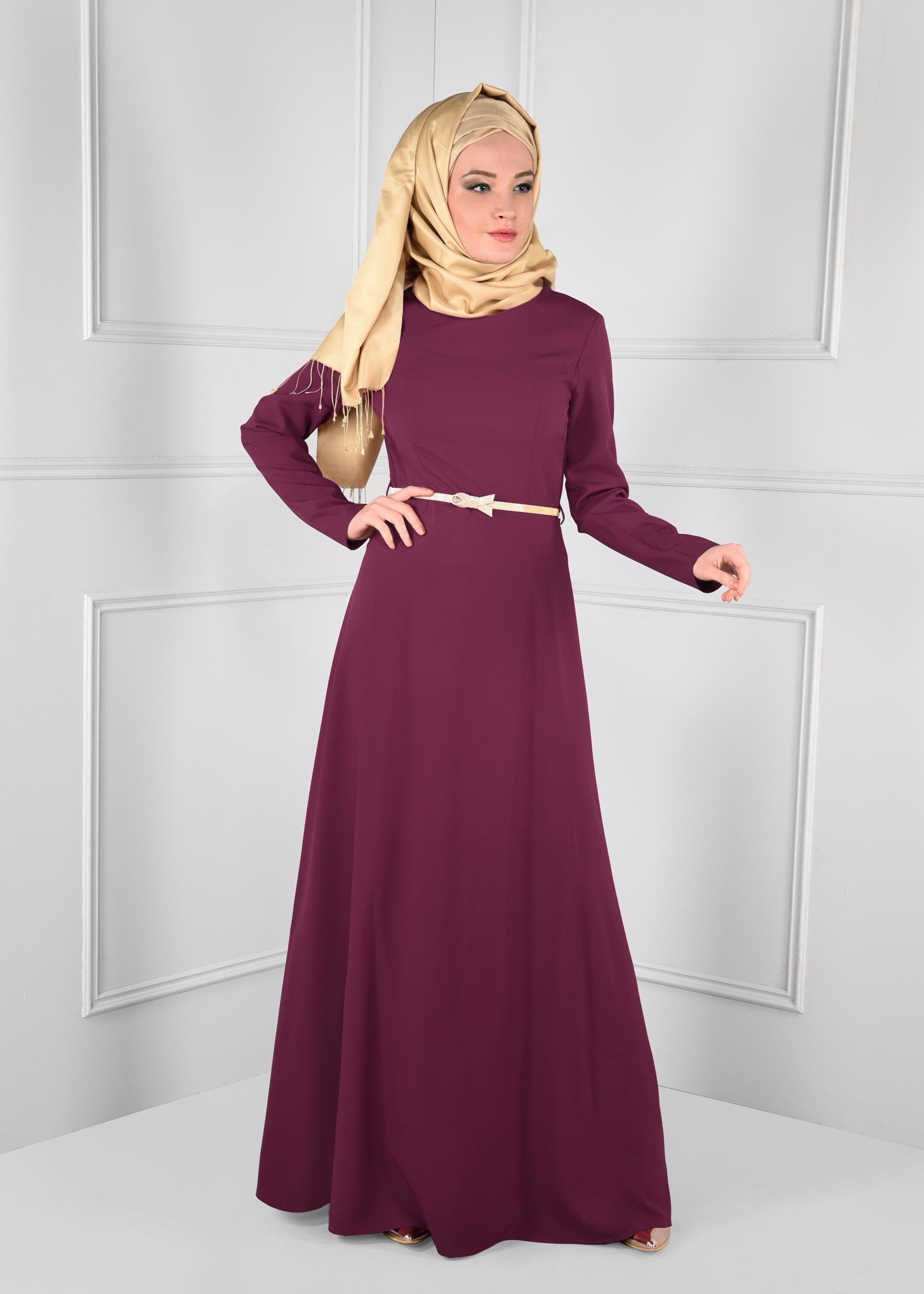 Tesettür giyim MOR DÜZ TESETTÜR ABİYE ELBİSE 5374
