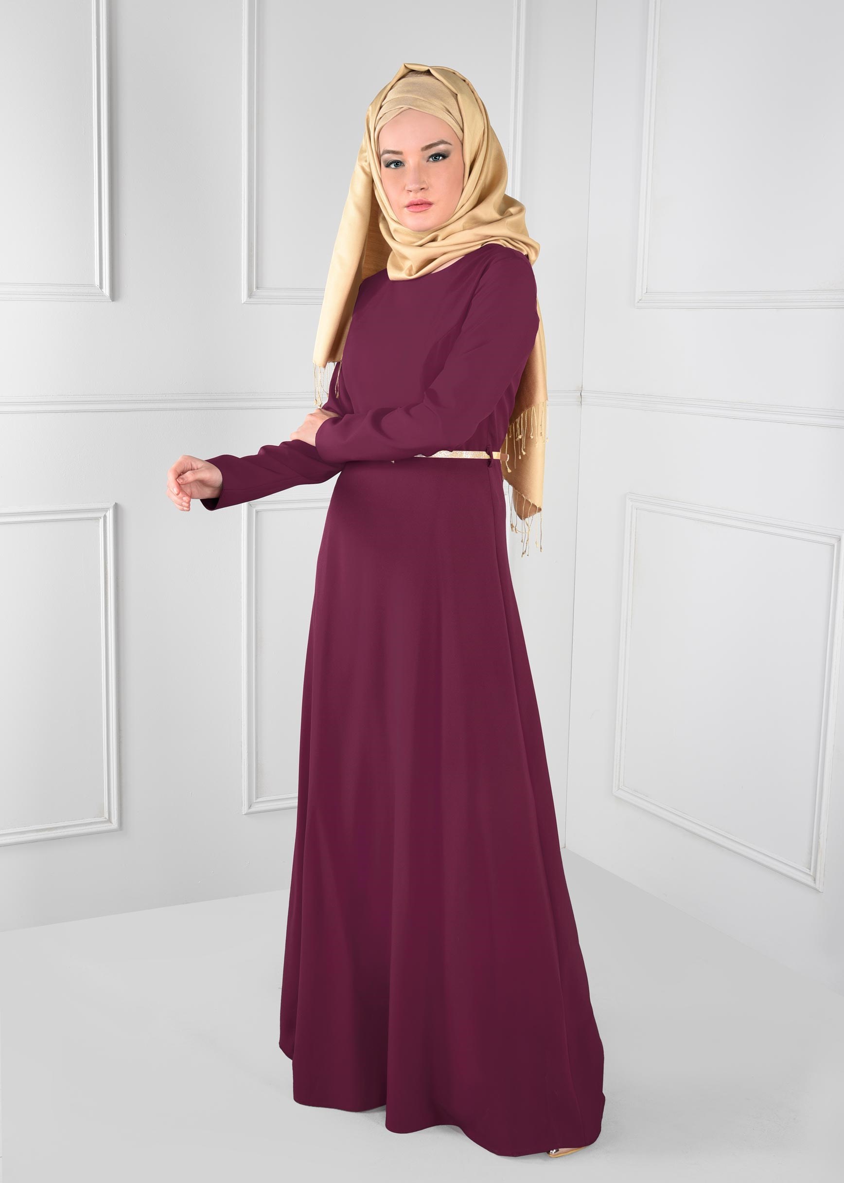 Tesettür giyim MOR DÜZ TESETTÜR ABİYE ELBİSE 5374