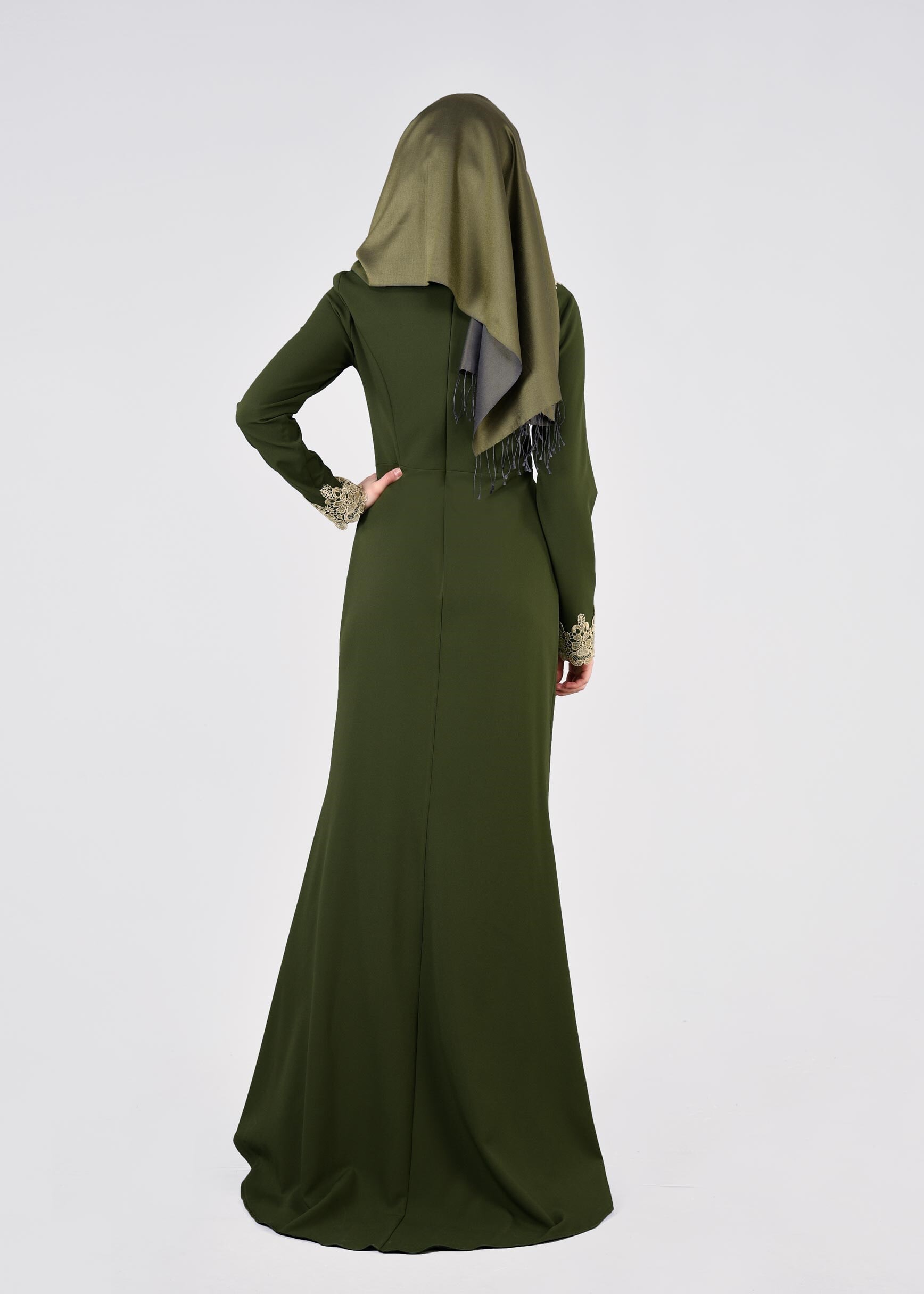 Tesettür giyim HAKİ İŞLEMELİ ABİYE ELBİSE 5377