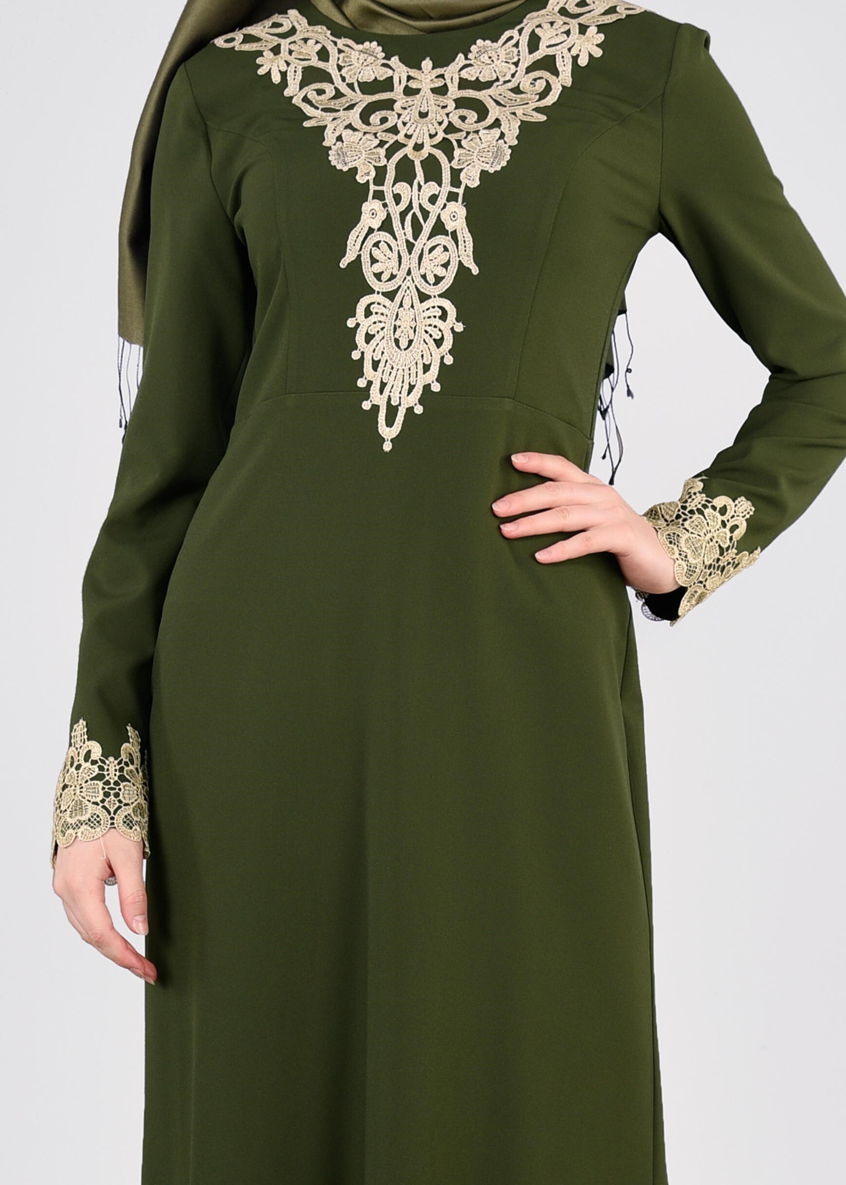 Tesettür giyim HAKİ İŞLEMELİ ABİYE ELBİSE 5377